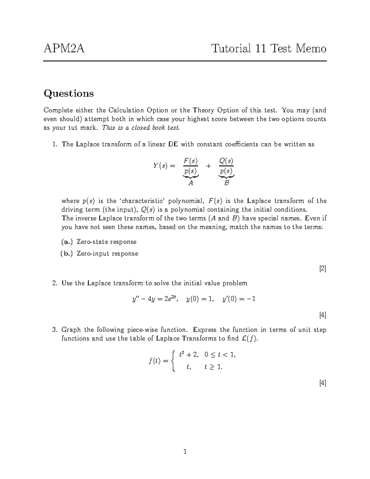Tut Test 11 Memo - Tut Test 11 Memo - APM2A Tutorial 11 Test Memo ...