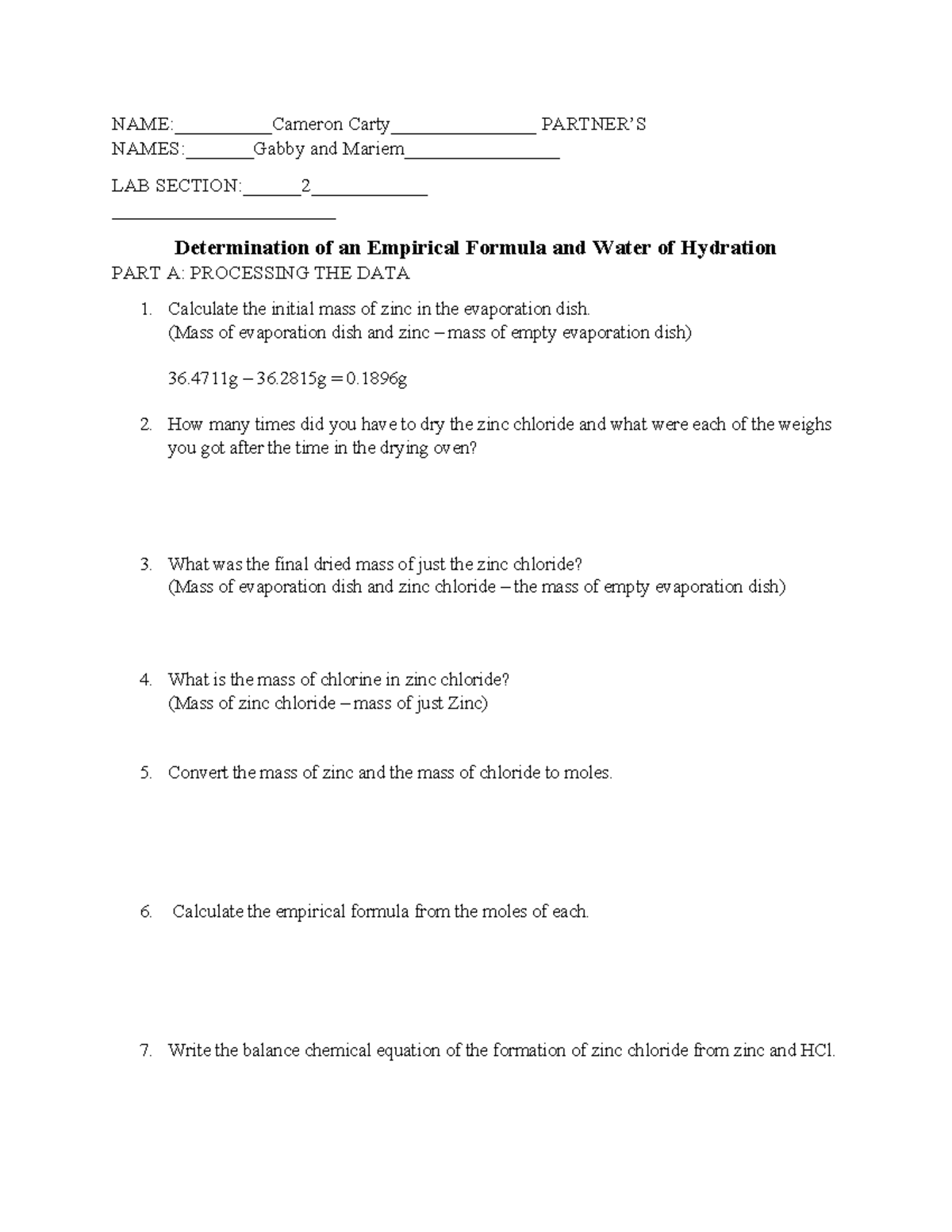 Lab+5%2C+Post+lab+Questions%2C+Determination+of+an+Emperecal+Formula ...