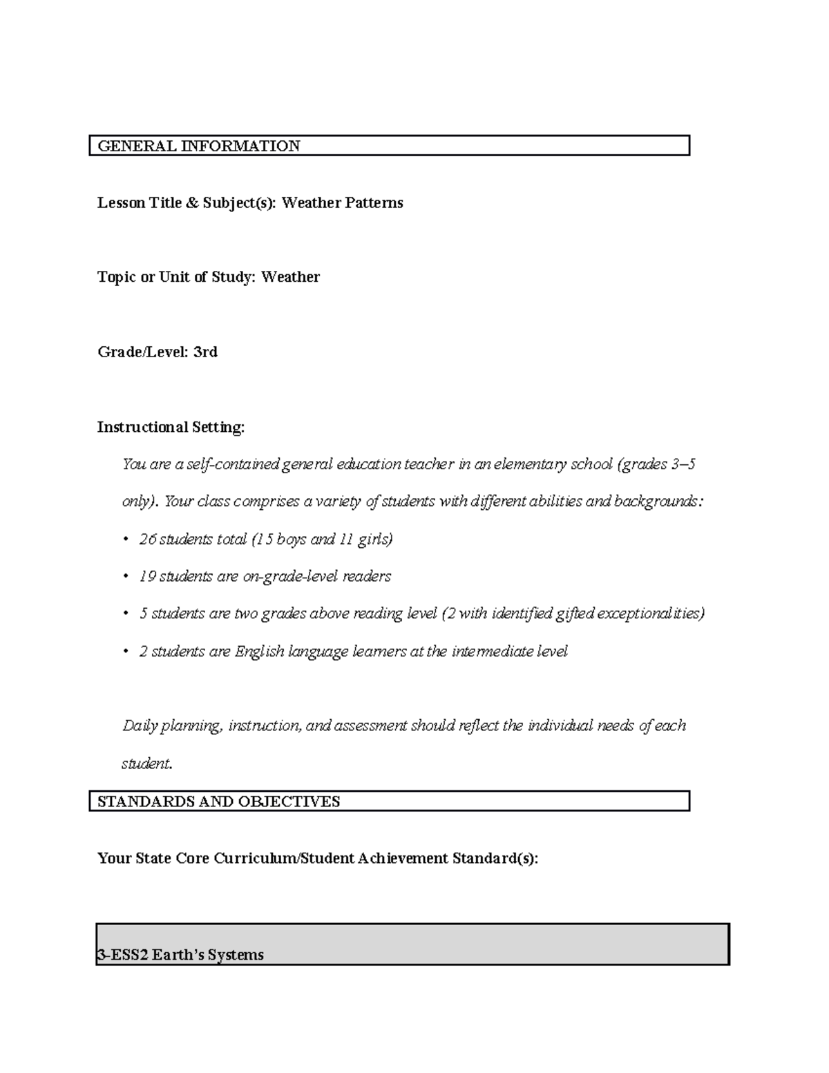 Weather Lesson Plan GENERAL INFORMATION Lesson Title & Subject(s