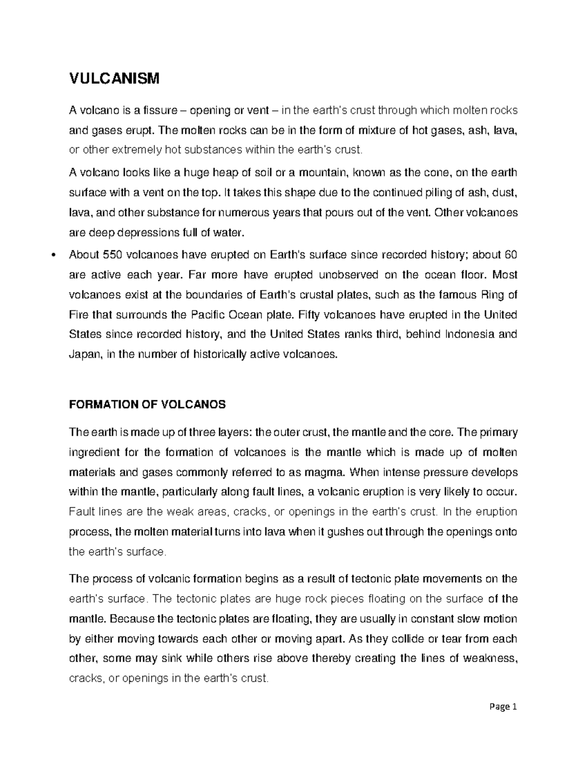 Vulcanism - NOtes on Vulacanism - VULCANISM A volcano is a fissure ...