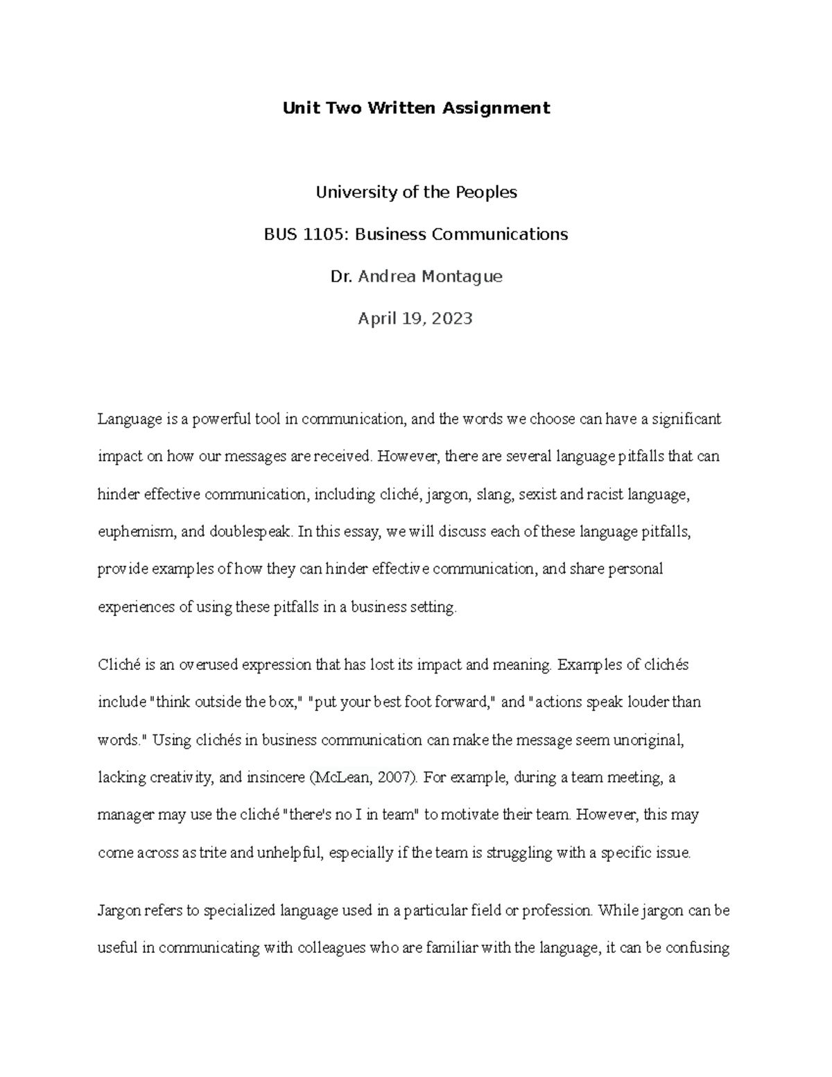 Unit Two Written Assignment - Unit Two Written Assignment University of ...