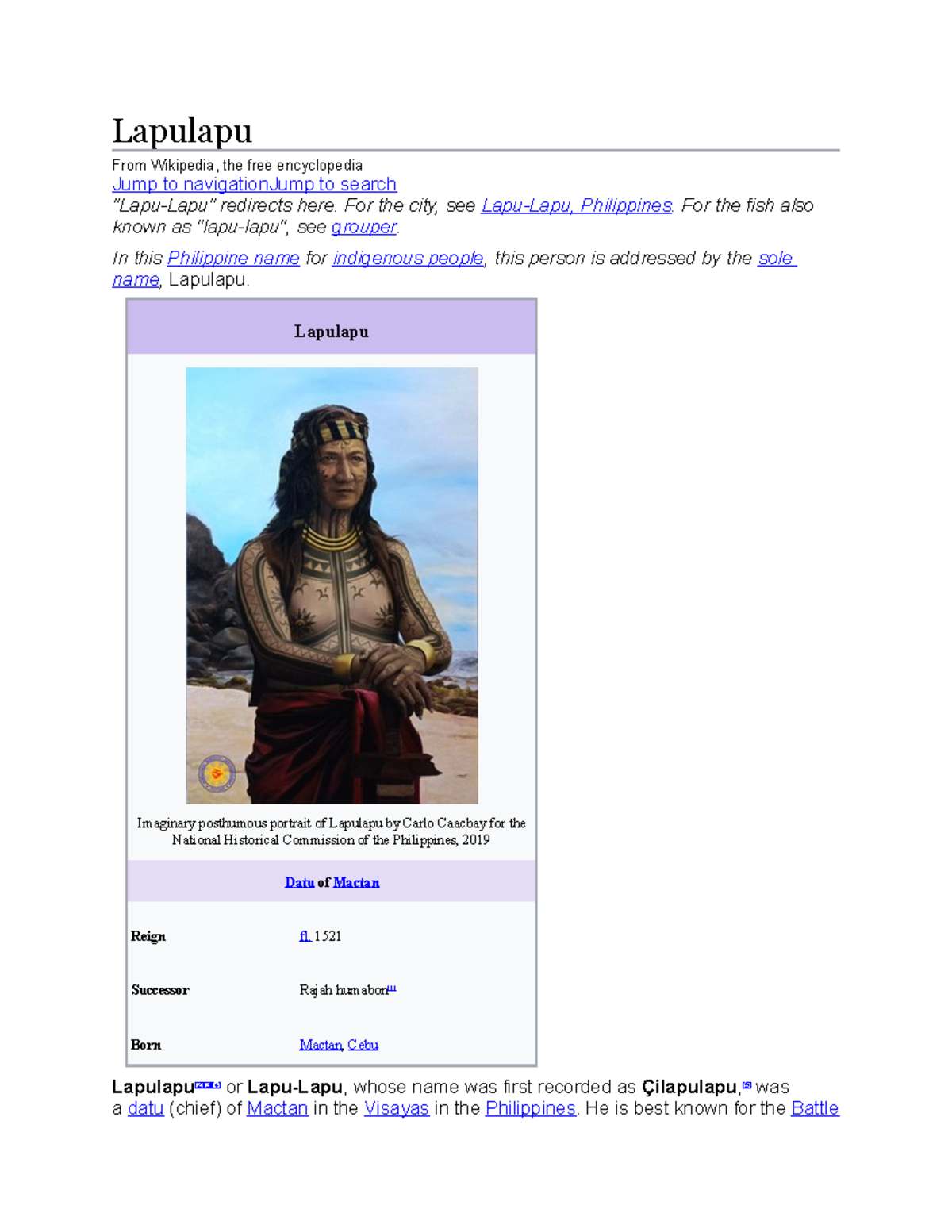 Lapulapu - Life of Lapu Lapu Hero of Mactan - Lapulapu From Wikipedia, the free encyclopedia