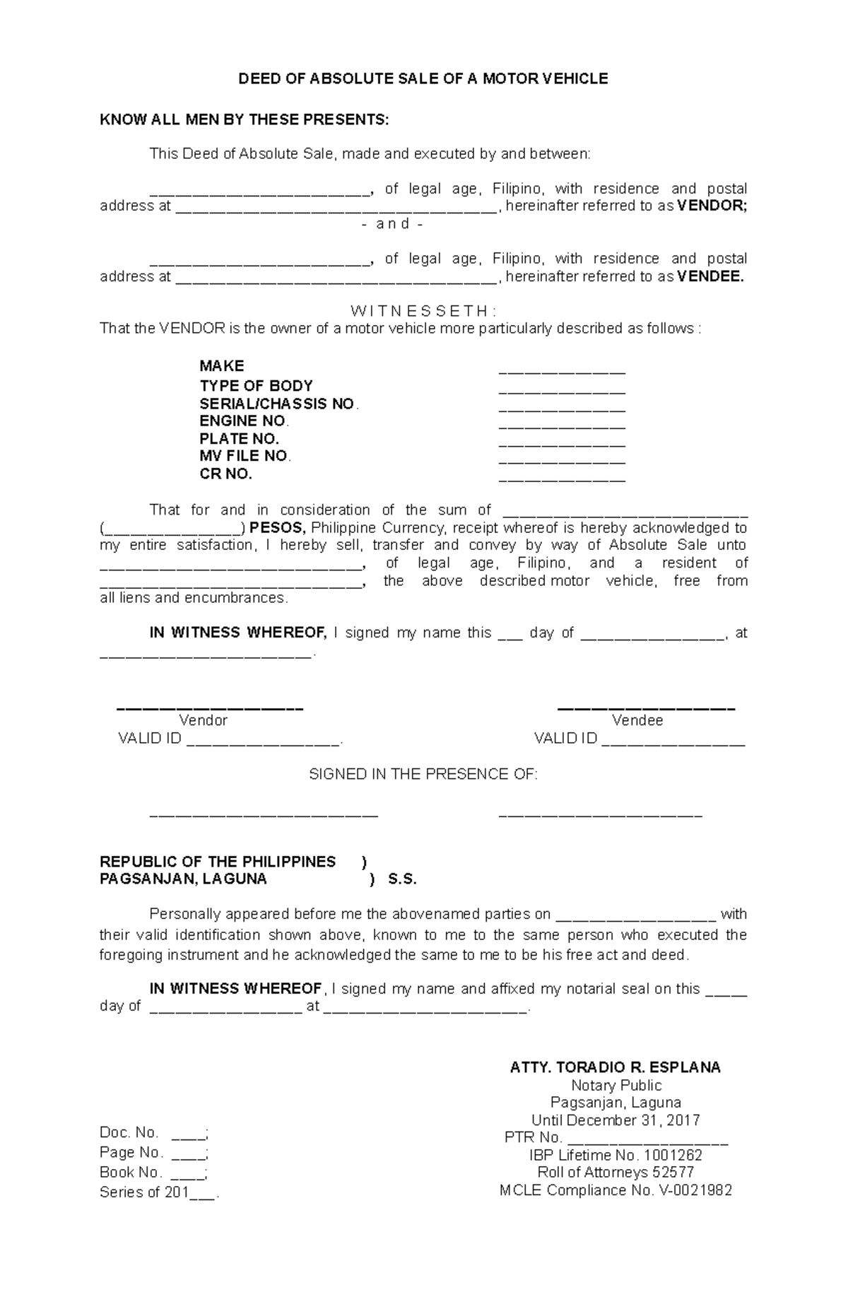 Sample Of Deed Of Sale Of Motor Vehicle With Fill Up Pdf - Templates ...