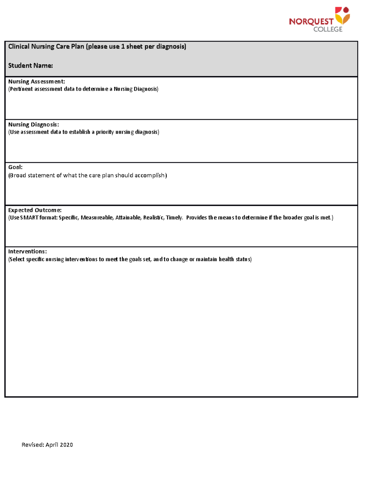 Nursing Care Plan Blank Revised April 2020 - Clinical Nursing Care Plan ...