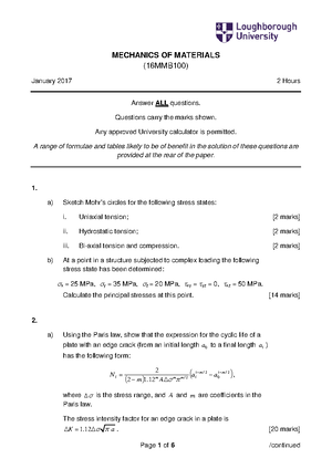 Mechanics of Materials 2 Exam - MECHANICS OF MATERIALS (17MMB100 ...