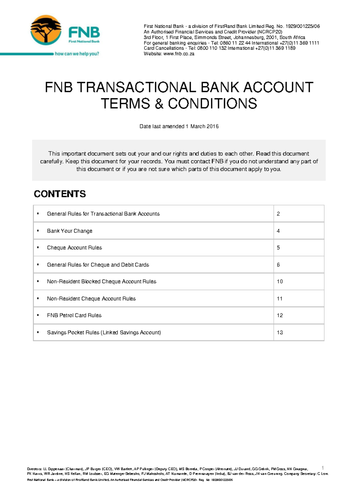 Cheque and Card FNB Terms and Conditions 06 September 2013 First