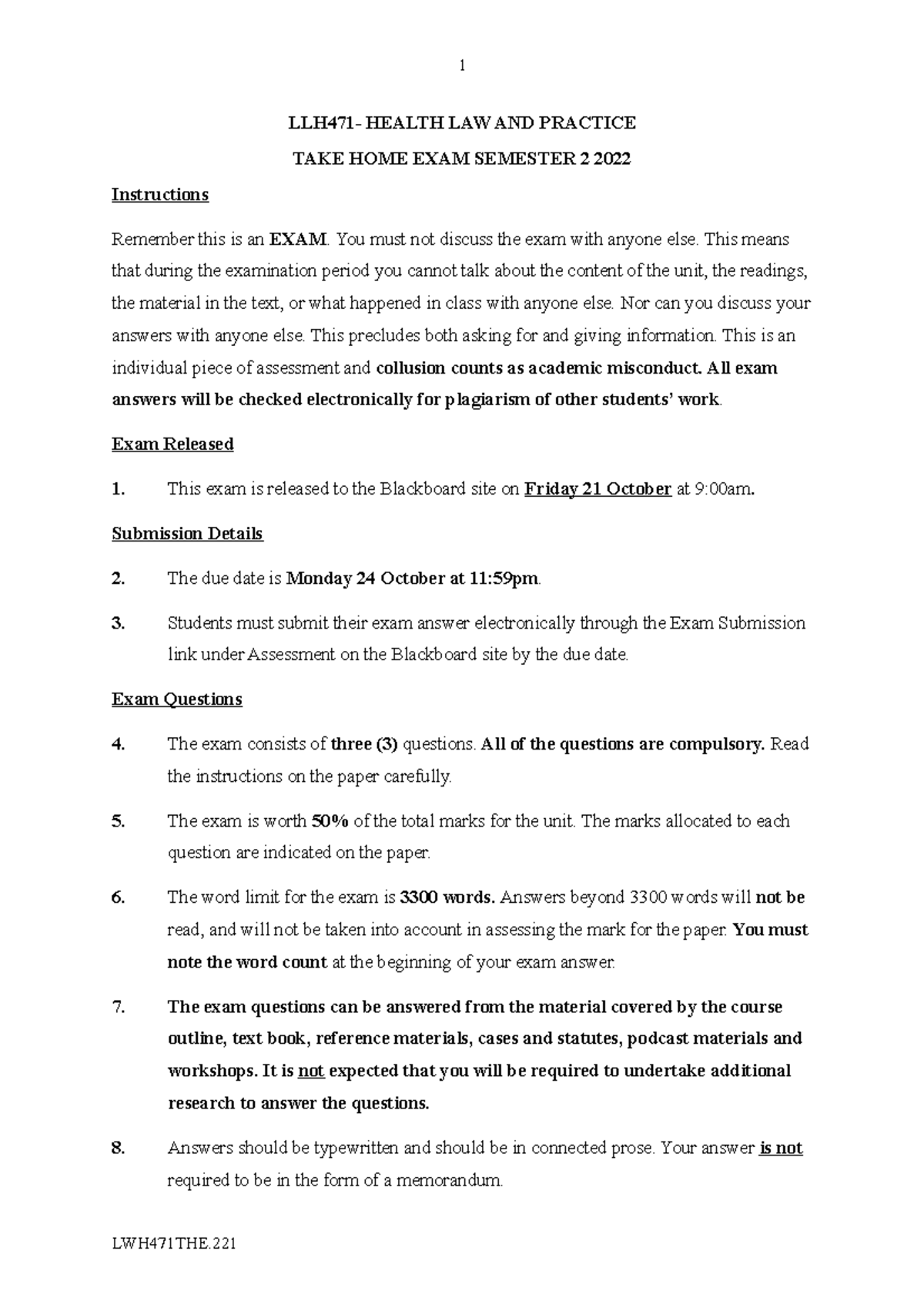 2022 LLH471 THE - TAKEHOME EXAM TASK SHEET - LLH471- HEALTH LAW AND ...