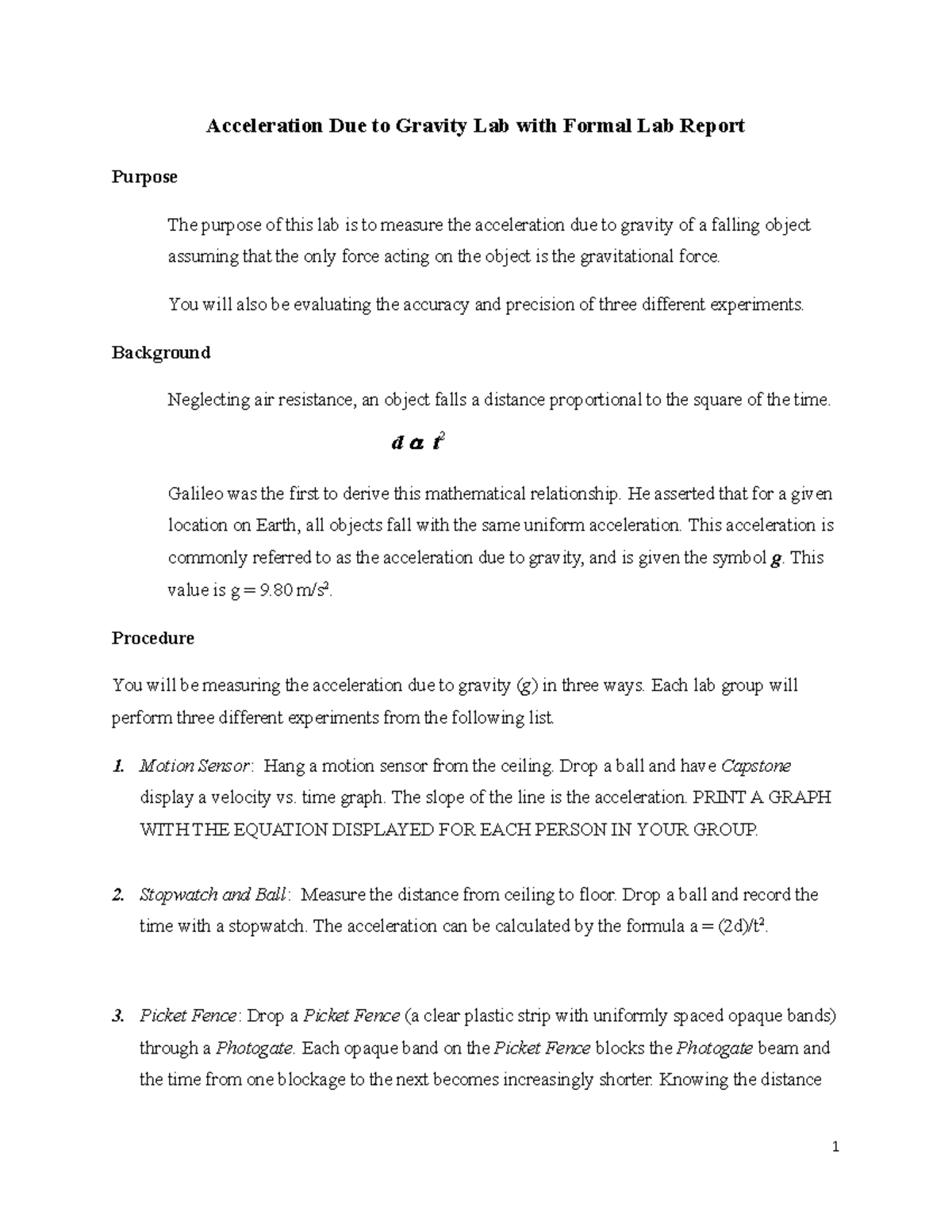 2018 Gravity Lab - LAB - Acceleration Due to Gravity Lab with Formal ...