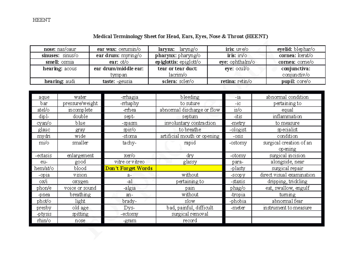 Medical Terms Practice 5 - HEENT Medical Terminology Sheet for Head