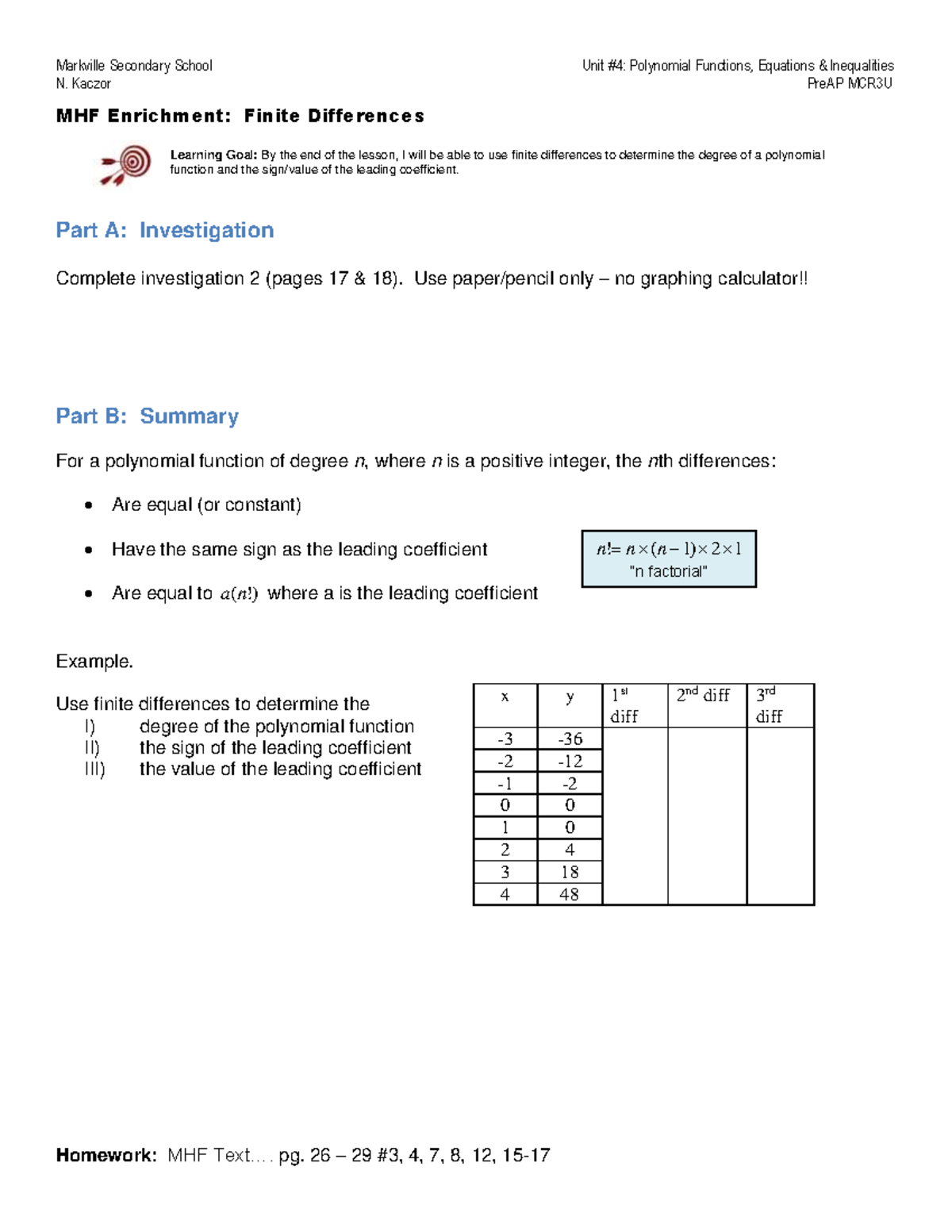Finite Differences - Test - Markville Secondary School Unit #4 ...