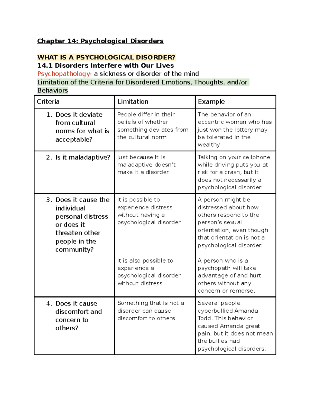 Chapter 14 Notes- Psychological Disorder - Chapter 14: Psychological ...