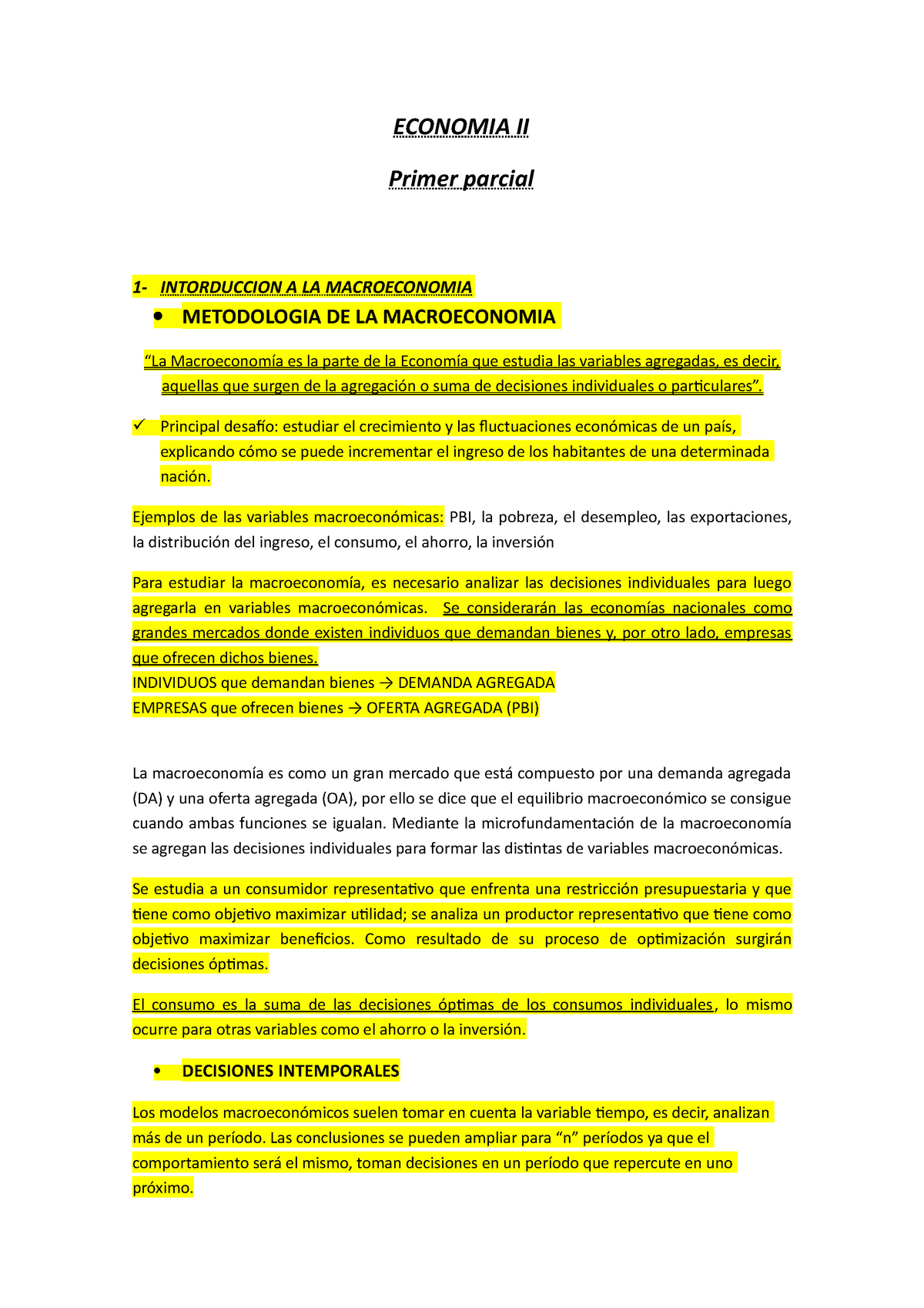 Economia II - Parcial 1 - ECONOMIA II Primer Parcial 1- INTORDUCCION A ...