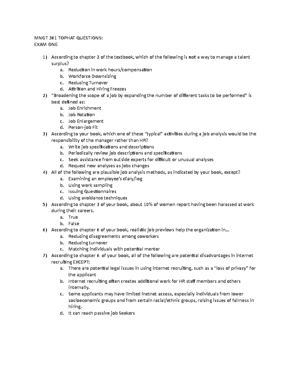 MNGT 361 Tophat Questions - MNGT 361 TOPHAT QUESTIONS: EXAM ONE 1 ...