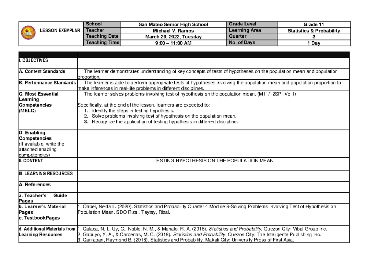 Ilide - more notes - LESSON EXEMPLAR School San Mateo Senior High ...