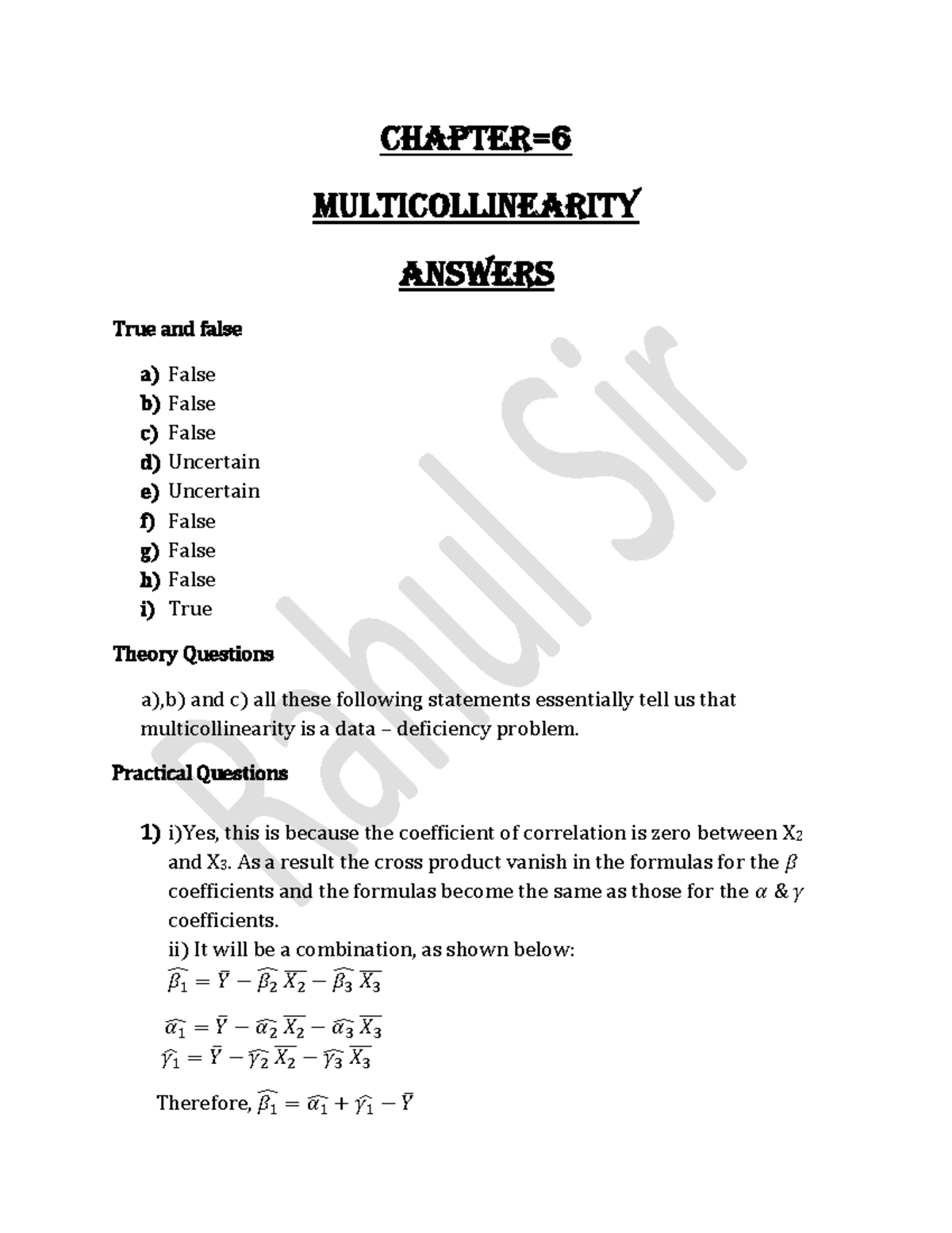 Chapter = 6; multicollinerity - Chapter= Multicollinearity Answers True ...