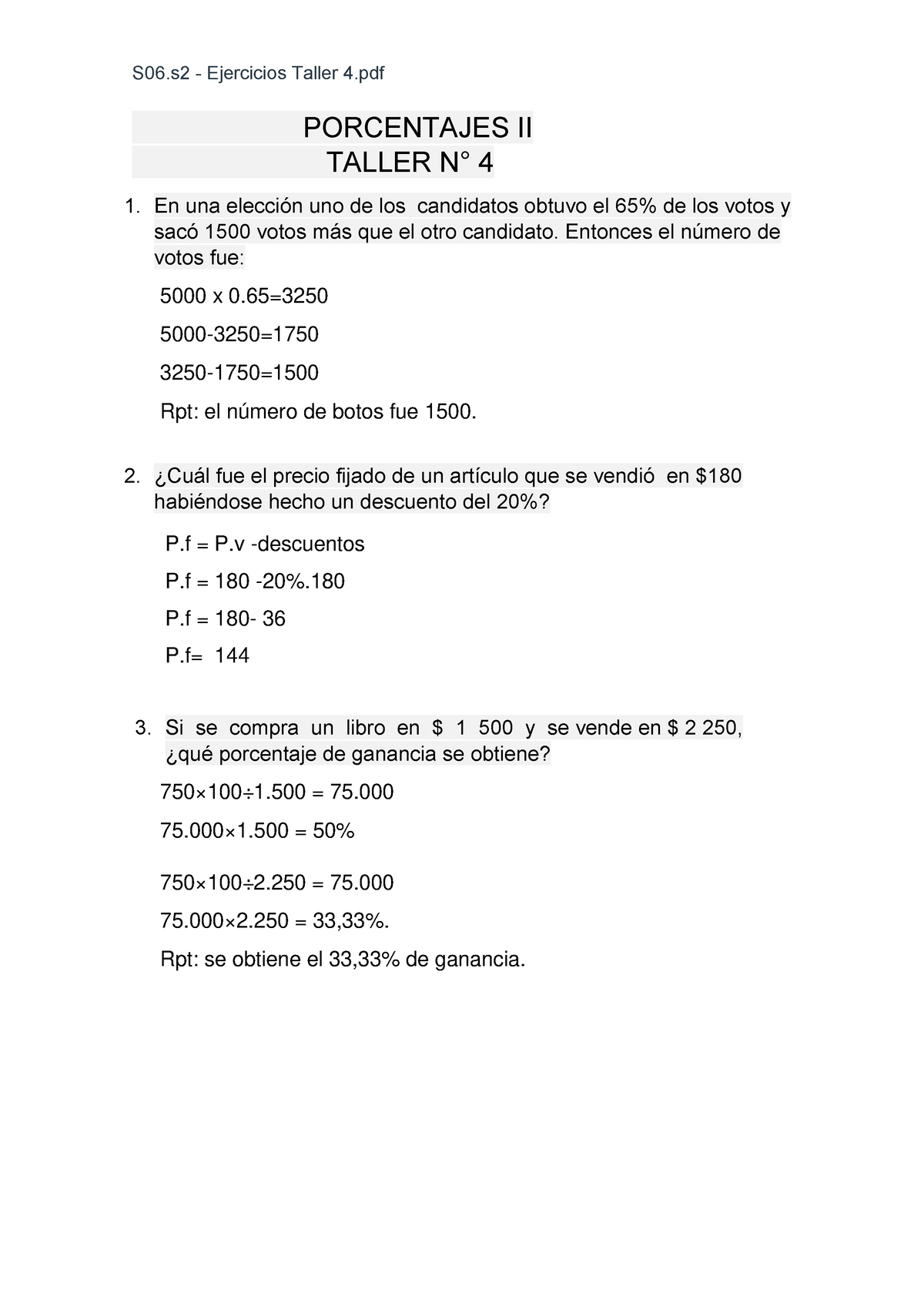 S06.s2 - Ejercicios Taller 4 - PORCENTAJES II TALLER N° 4 En Una ...