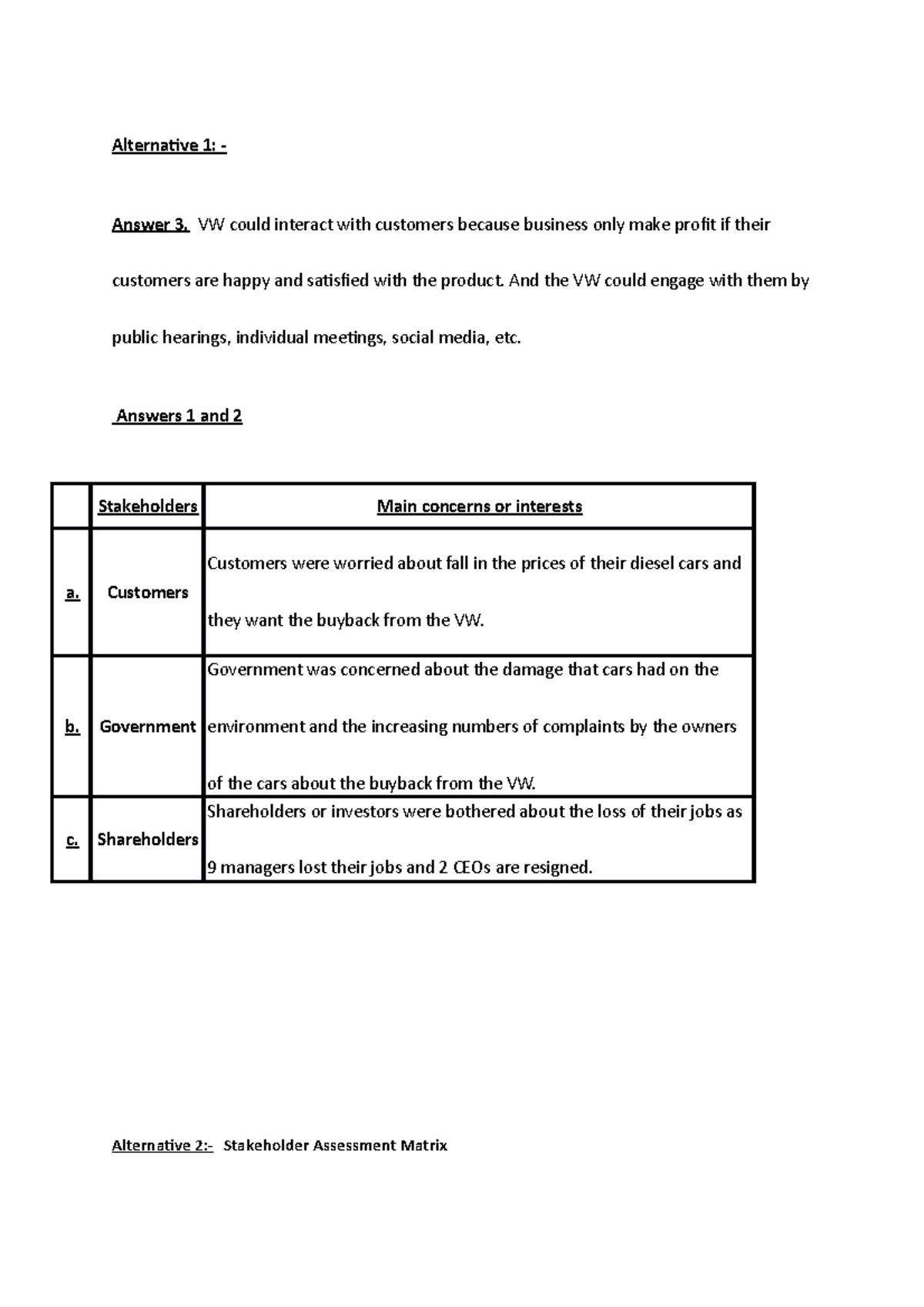Sdg assignment - Alternative 1: - Answer 3. VW could interact with ...