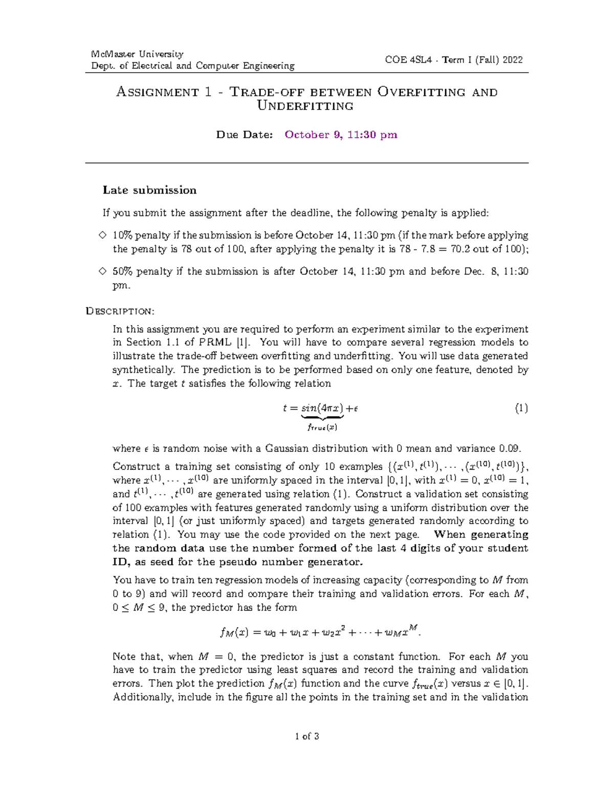 A1 2022 Assignment1 McMaster University Dept. of Electrical and