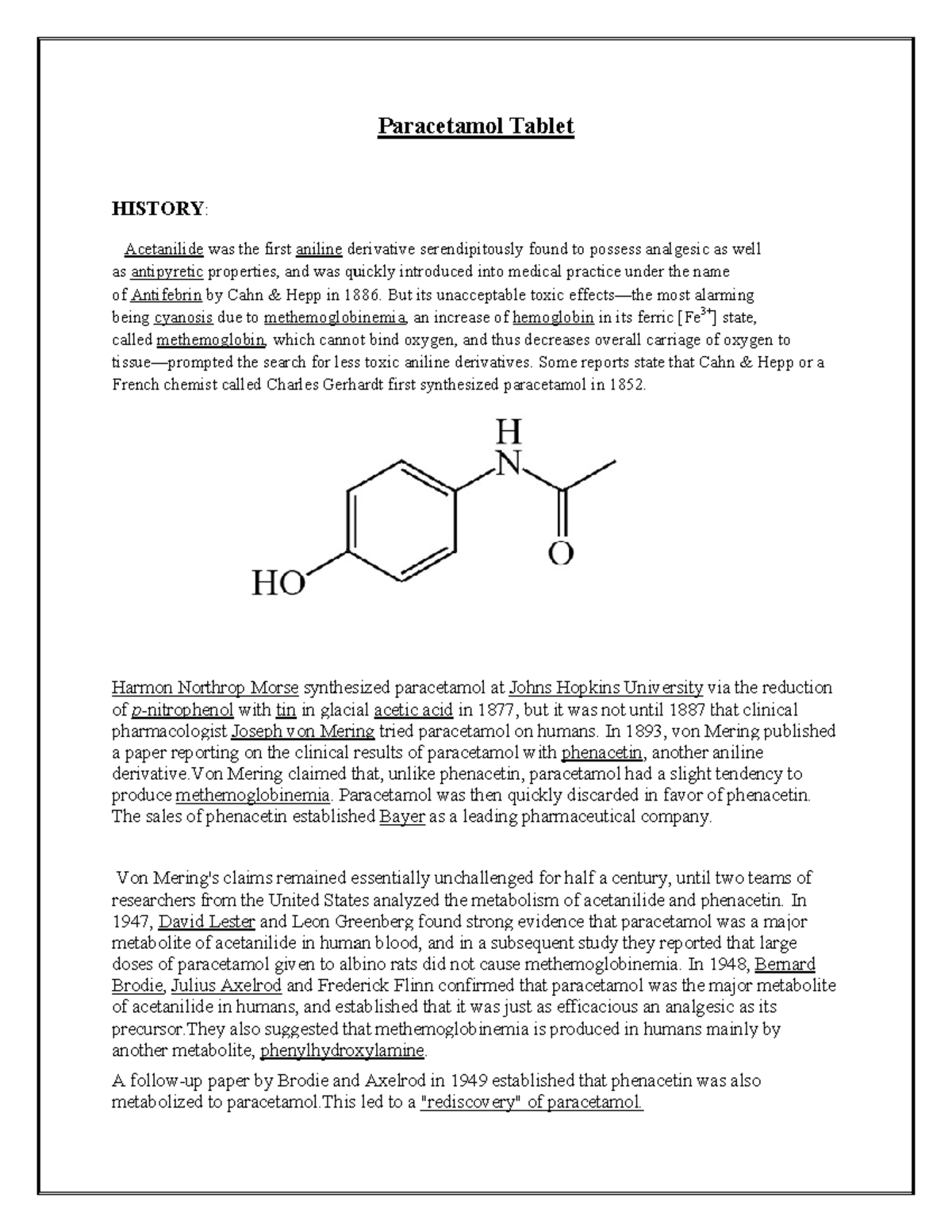 Final Preparation of paracetamol and properties HISTORY