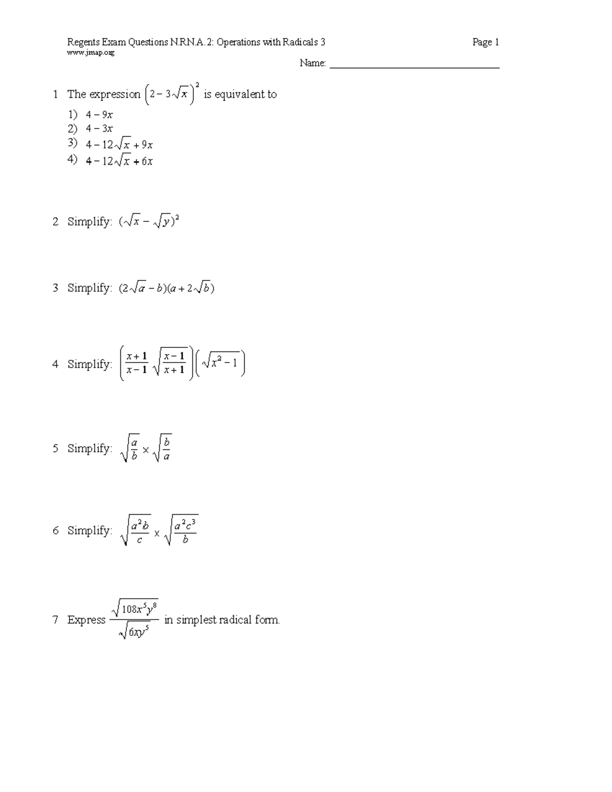 Exam 2019, questions - Regents Exam Questions N.RN.A: Operations with ...