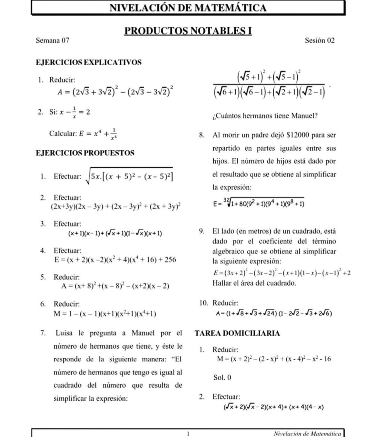 Productos Notables Utp NivelaciÓn De MatemÁtica Semana 07 Productos