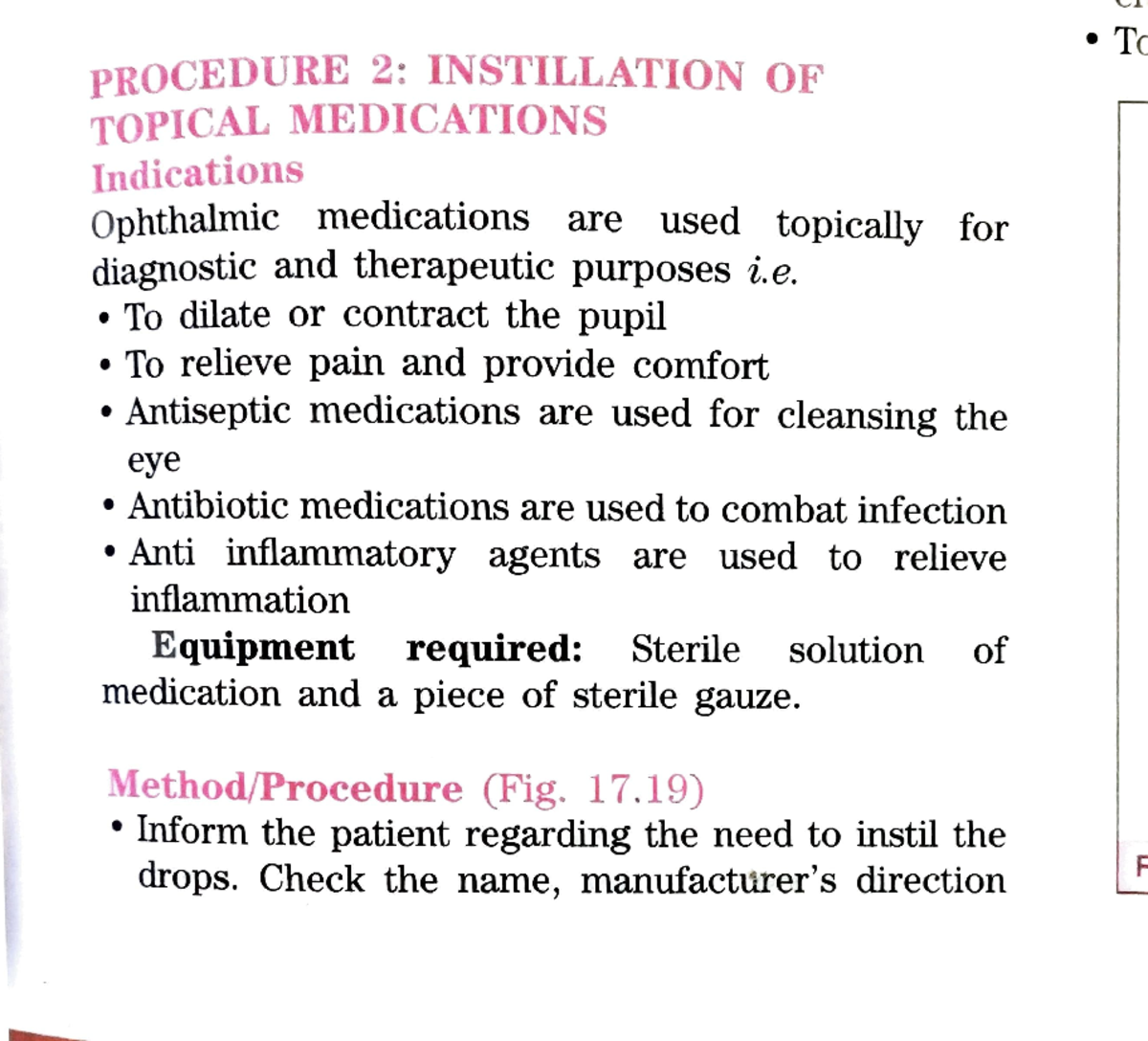 Instillation & irrigation of eye To PROCEDURE 2 INSTILLATION ODF