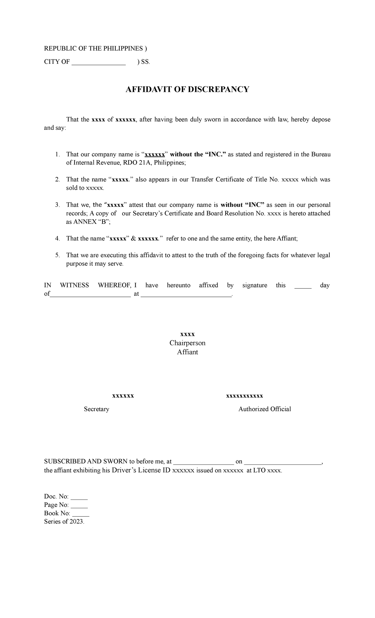 Affidavit of discrepancy - company name - REPUBLIC OF THE PHILIPPINES ...