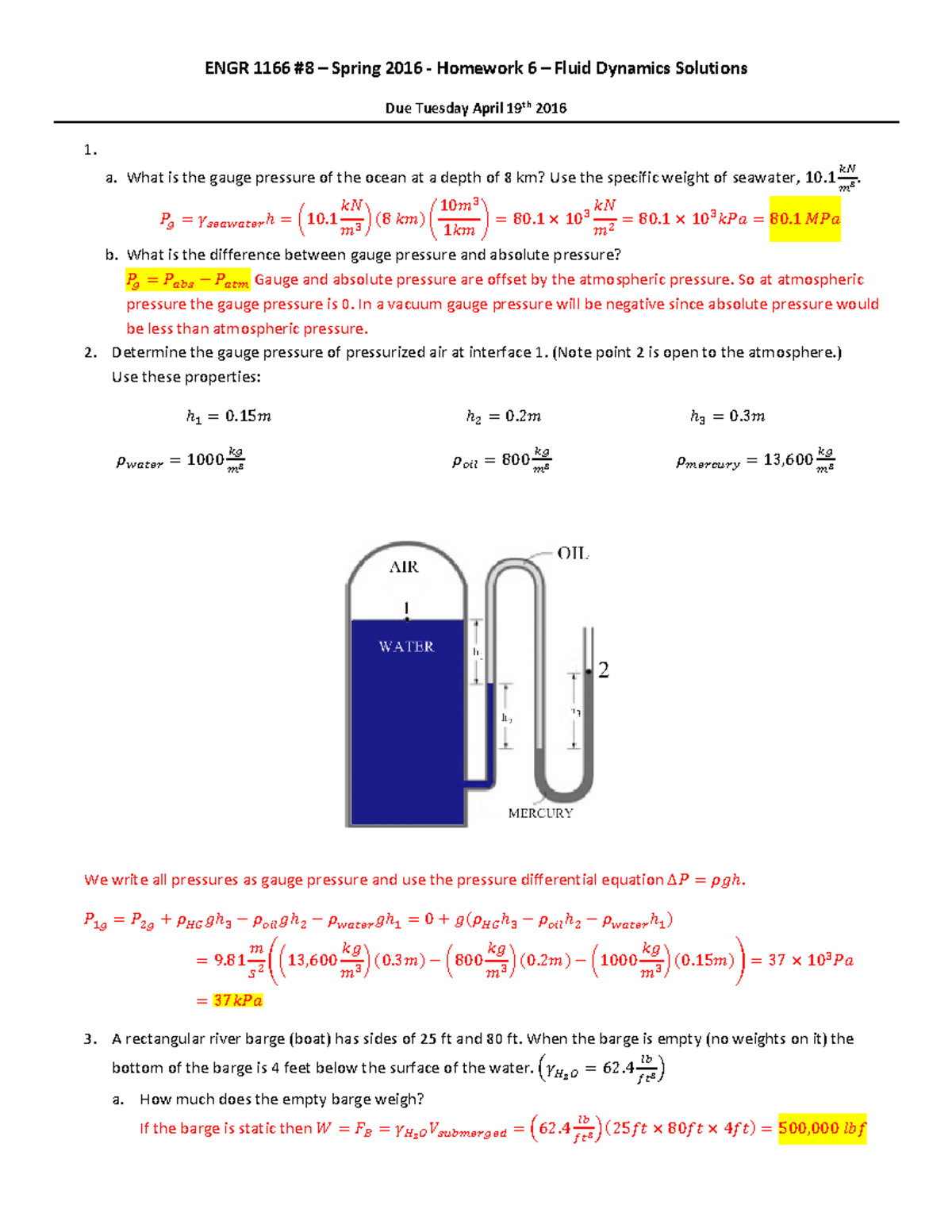 ENGR1166 8 Hwk6Soln - ENGR 1166 Spring 2016 Homework 6 Fluid Dynamics ...