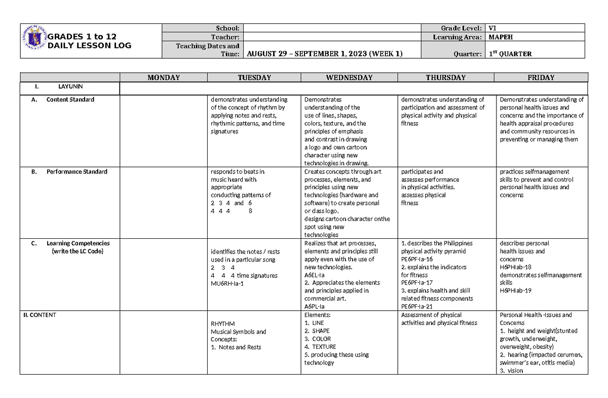 DLL Mapeh 6 Q1 W1 - dll - GRADES 1 to 12 DAILY LESSON LOG School: Grade ...