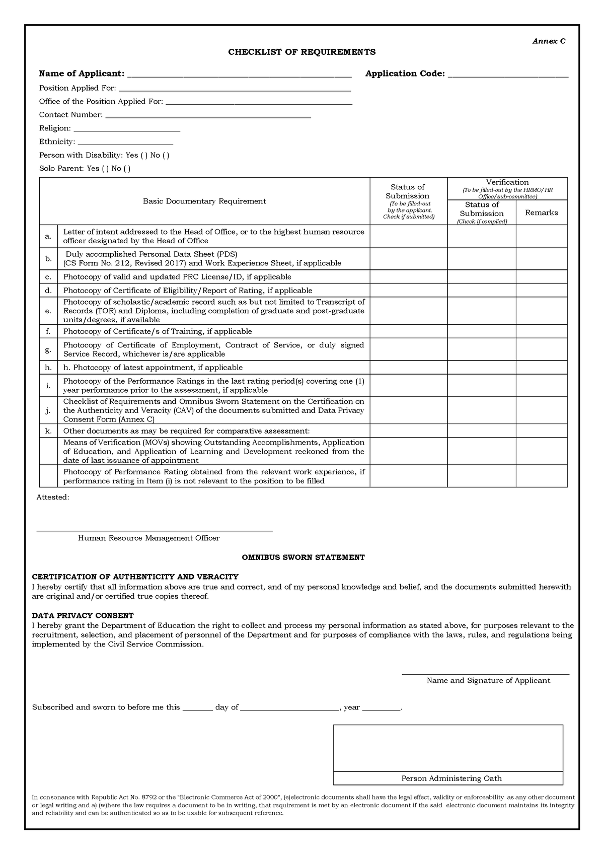 Annex C Checklist Of Requirements And Omnibus Sworn Statement 054249 ...