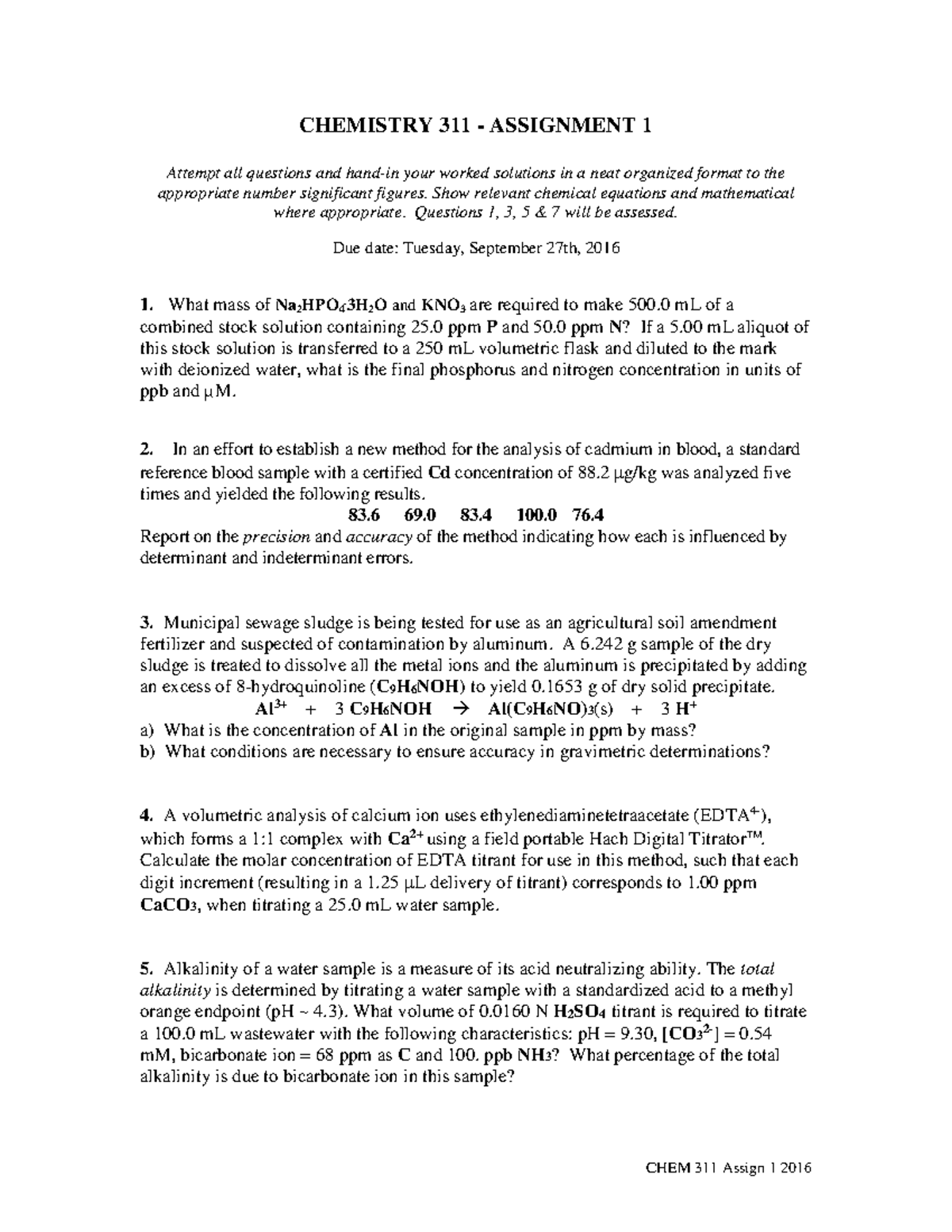 Assign 1 2016 - CHEM 311 Assign 1 2016 CHEMISTRY 311 - ASSIGNMENT 1 ...