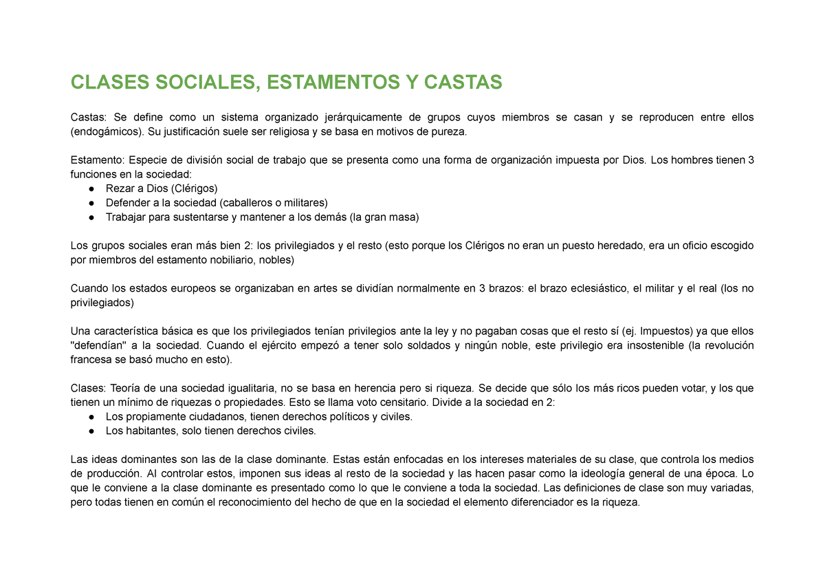 1er Parcial - CLASES SOCIALES, ESTAMENTOS Y CASTAS Castas: Se Define ...