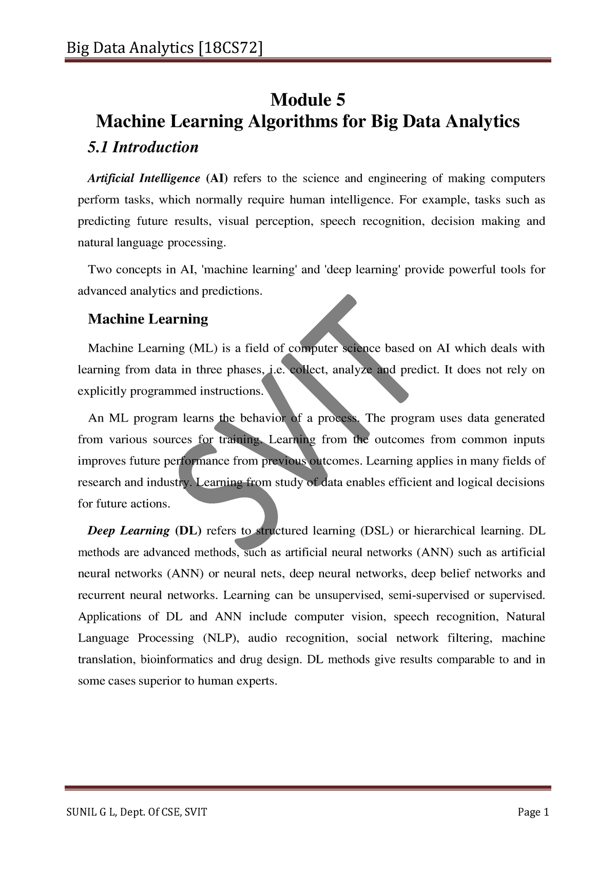 Module 5 Big Data 18cs72 - Module 5 Machine Learning Algorithms For Big ...