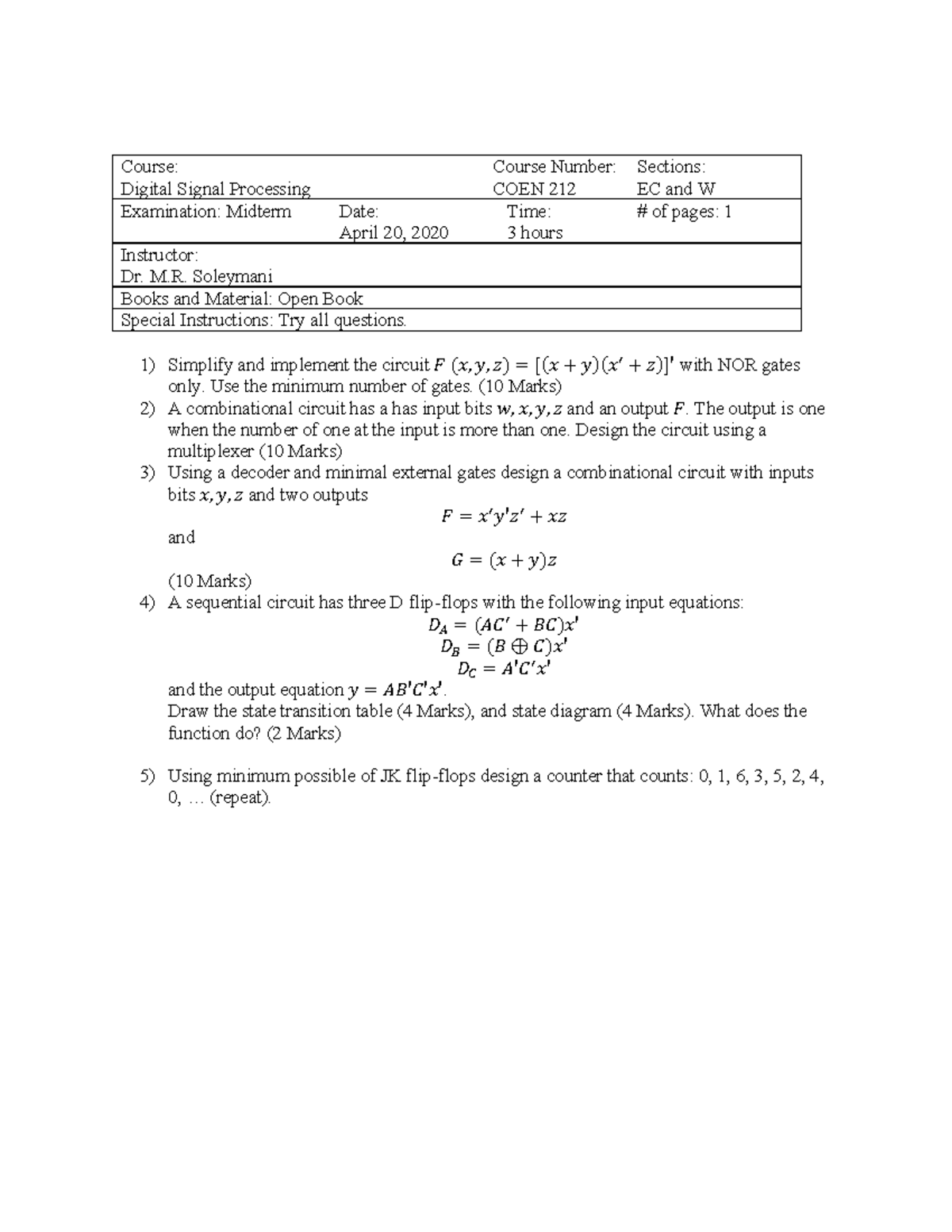 Sample Final Exam - Course: Digital Signal Processing Course Number ...