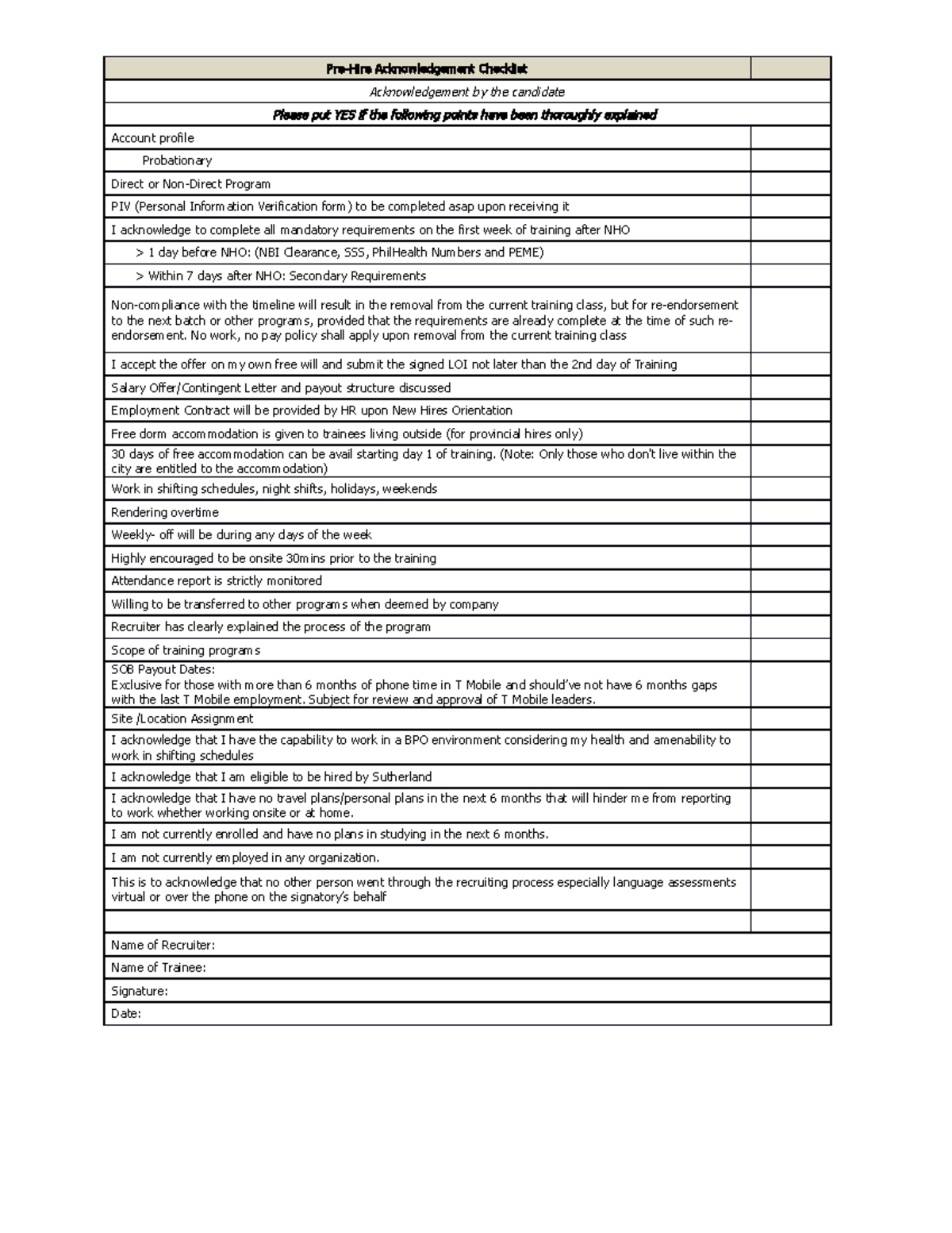 Pre Hire Acknowledgement Checklist - Pre-Hire Acknowledgement Checklist ...