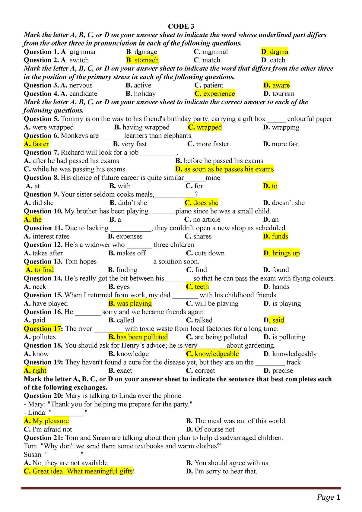 De theo minh hoa Bo - try some new sample test - CODE 3 Mark the letter ...