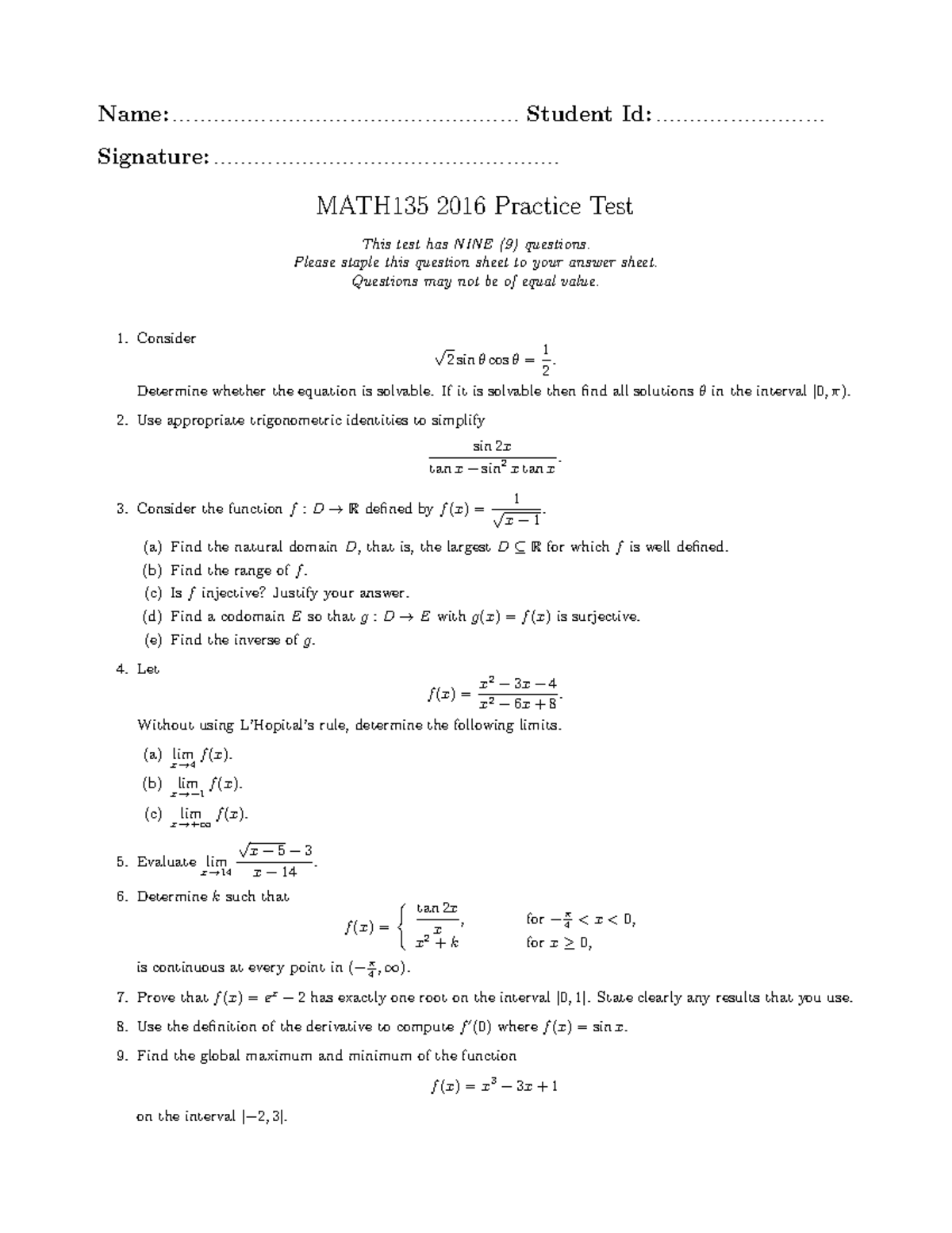 Sample/practice Exam 2016, Questions - Session 1 - - Studocu