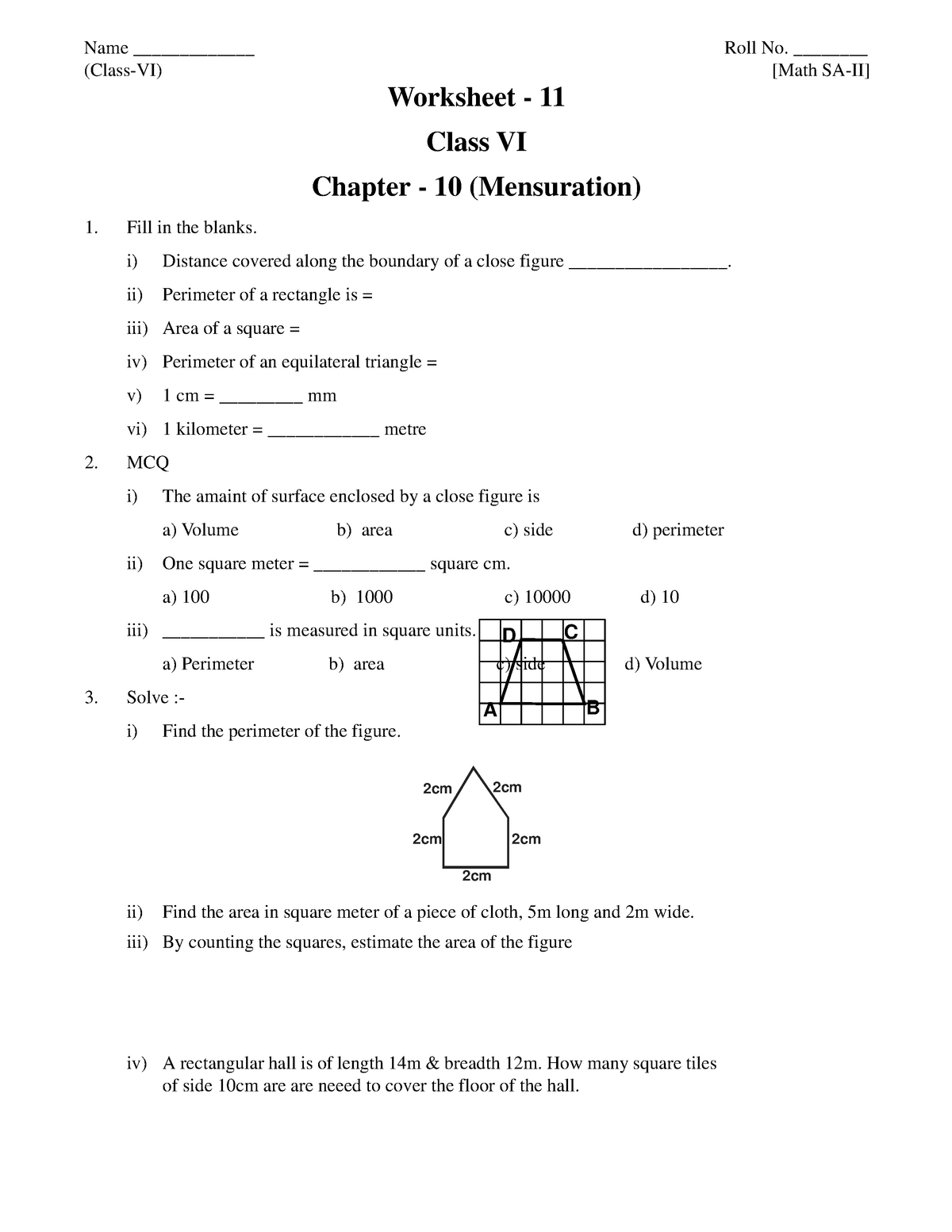 Class 8 Maths Worksheet Mensuration