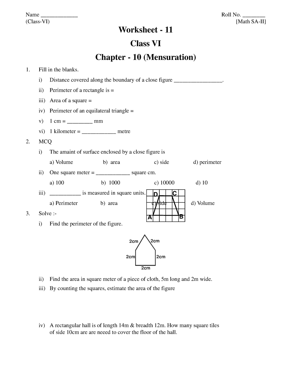 CBSE Class 6 Mensuration Worksheet 4 Name Roll No 