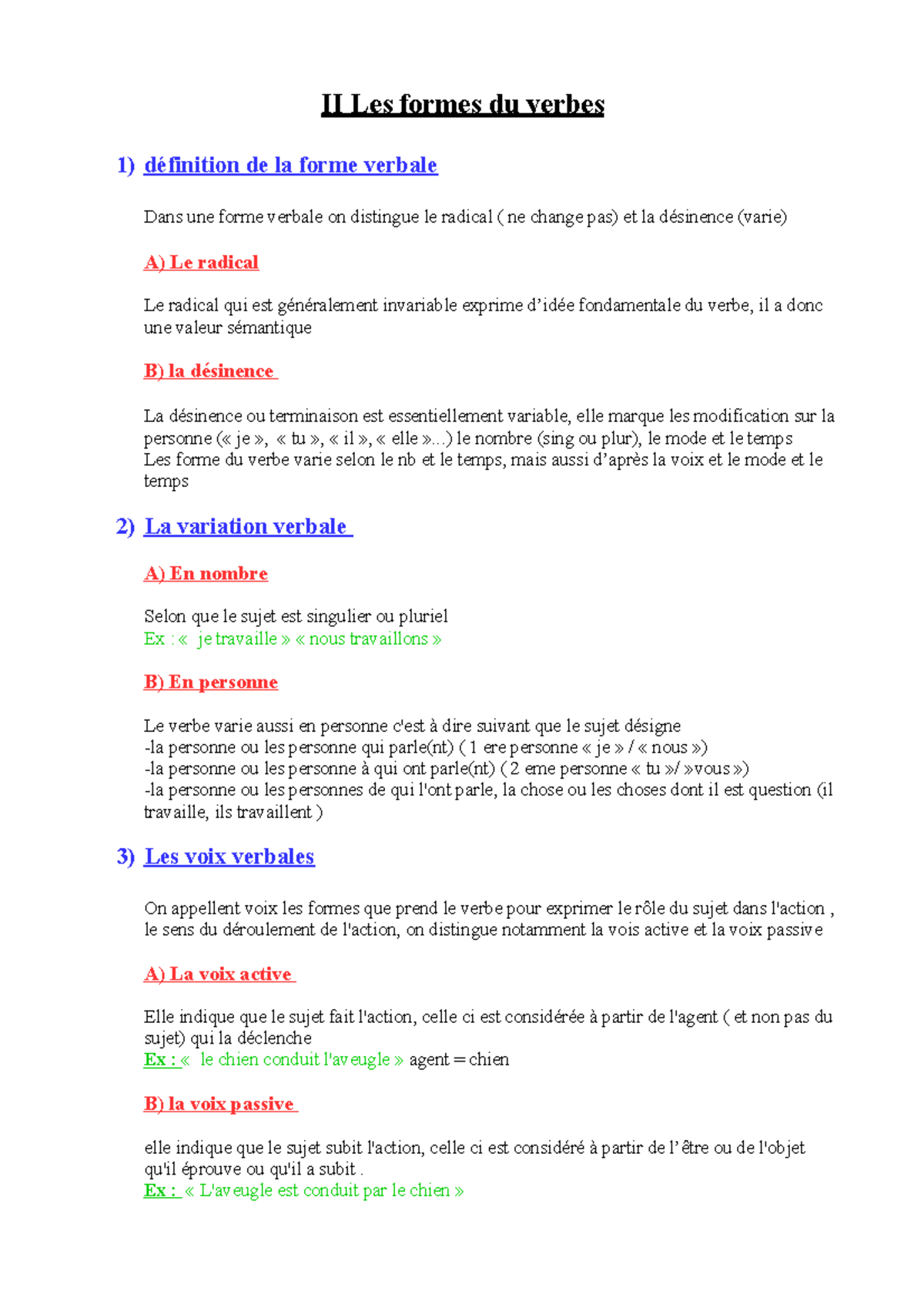 cours partie 2 cours de français LEA S1 II Les formes du verbes 1) définition de la forme