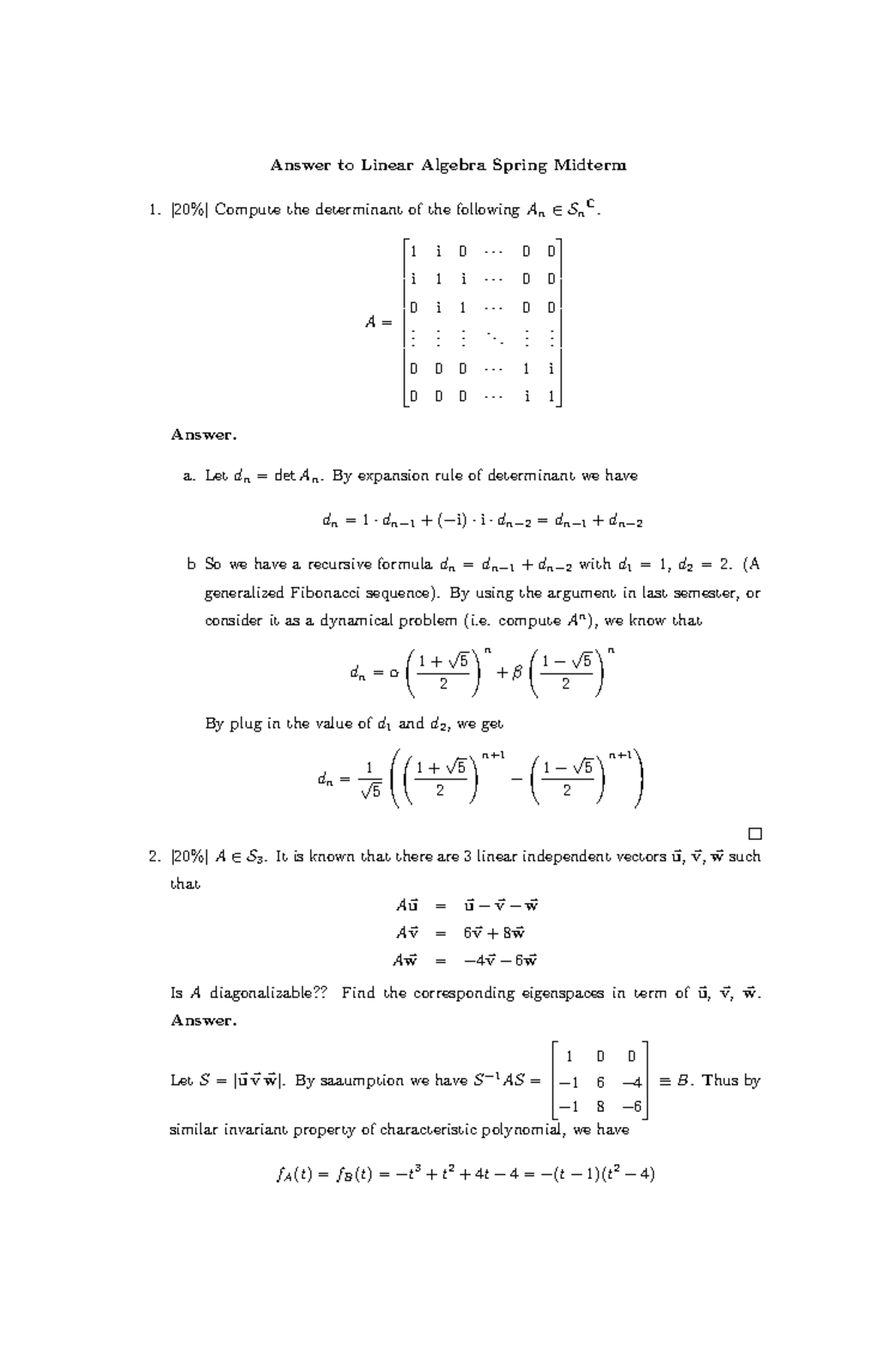 Midterm Exam 2018, Questions And Answers - Answer To Linear Algebra ...