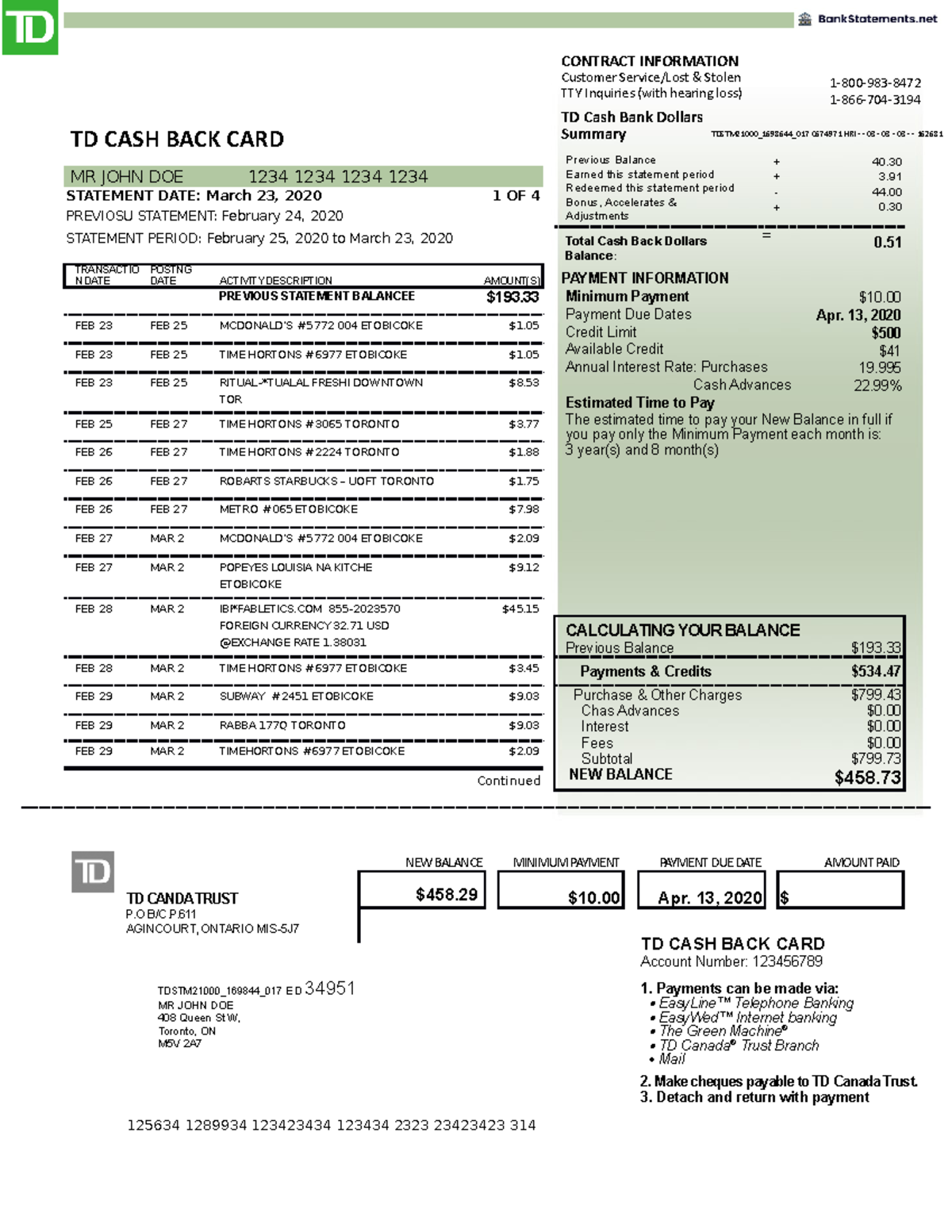 TD Bank Statement Bank Statements - CONTRACT INFORMATION Customer  ServiceLost & Stolen TTY - Studocu