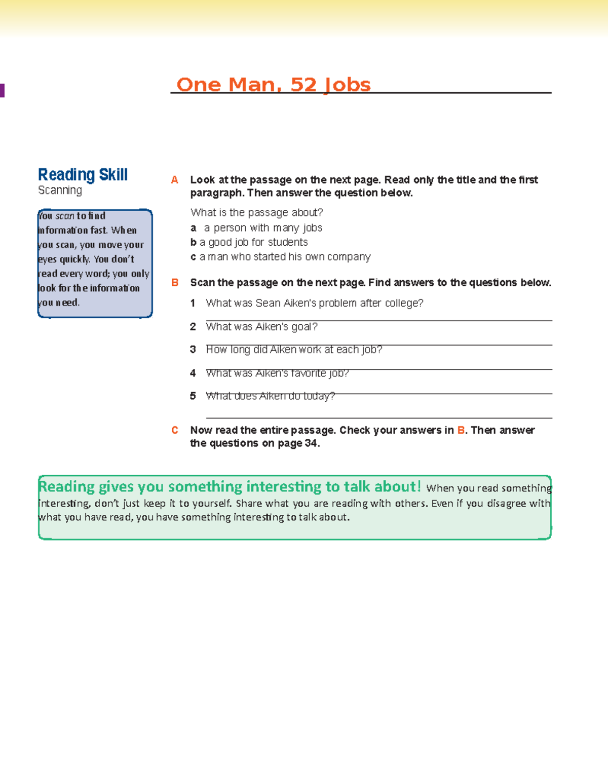 Reading Comprehension_ Extensive Reading One Man, 52 Jobs Reading