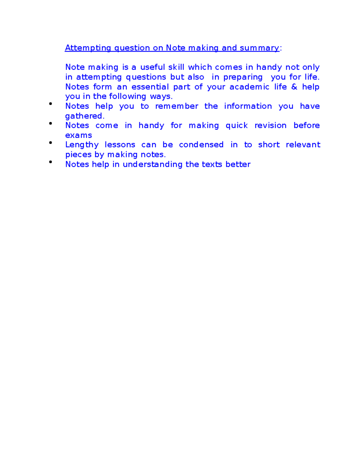 Attempting question on Note making and summary - Attempting question on ...