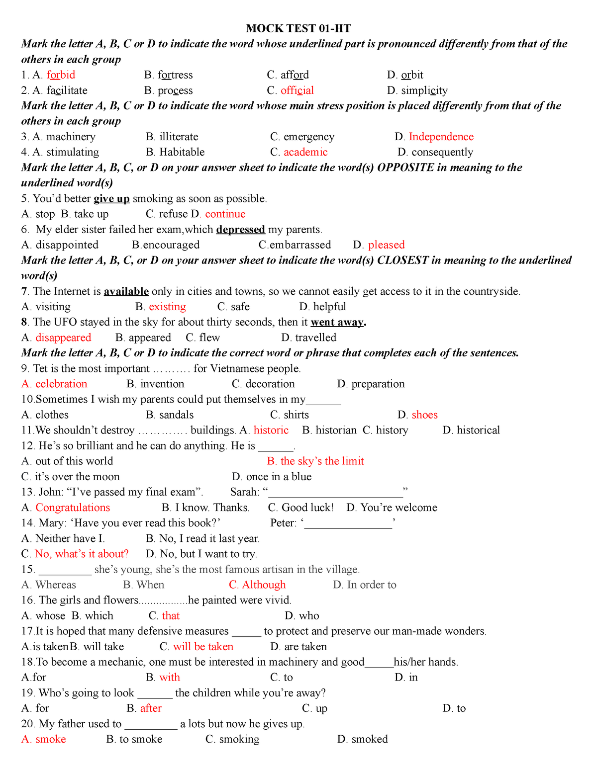 23 MOCK Tests - VB - Ôn Tập - MOCK TEST 01-HT Mark The Letter A, B, C ...