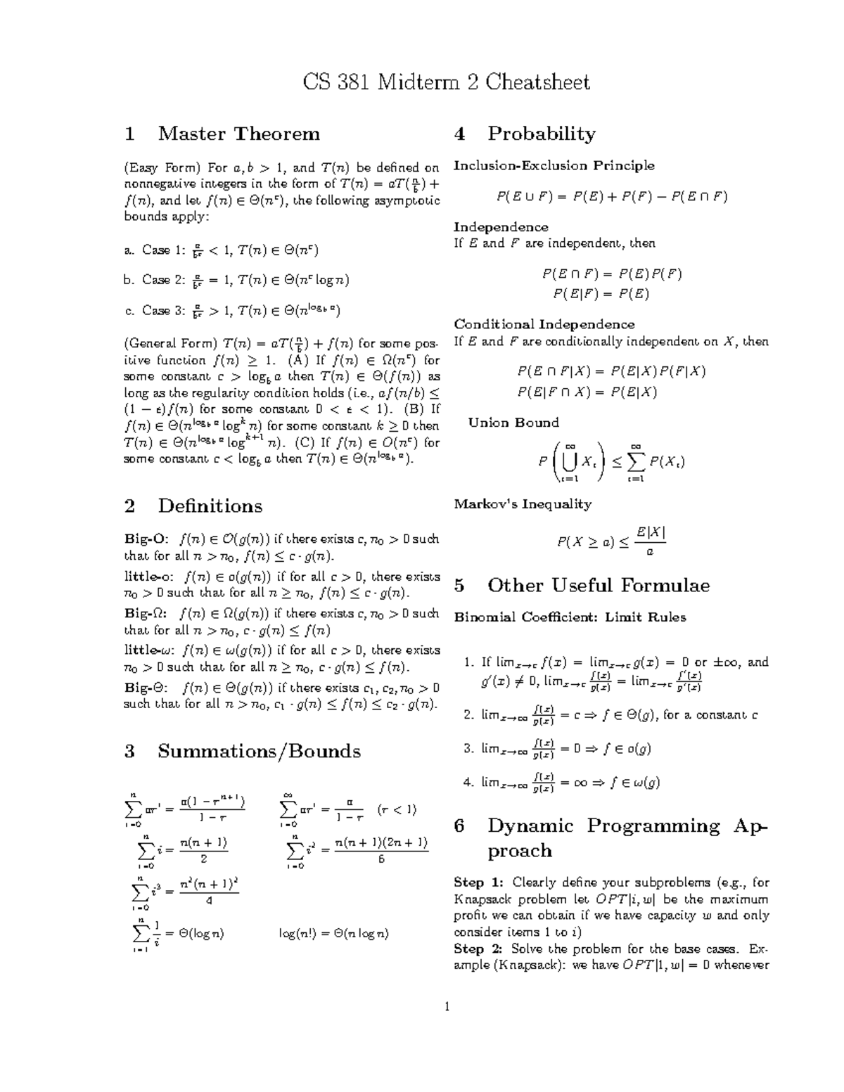 CS381 Midterm 2 Cheat Sheet 2024 - CS 381 Midterm 2 Cheatsheet 1 Master ...