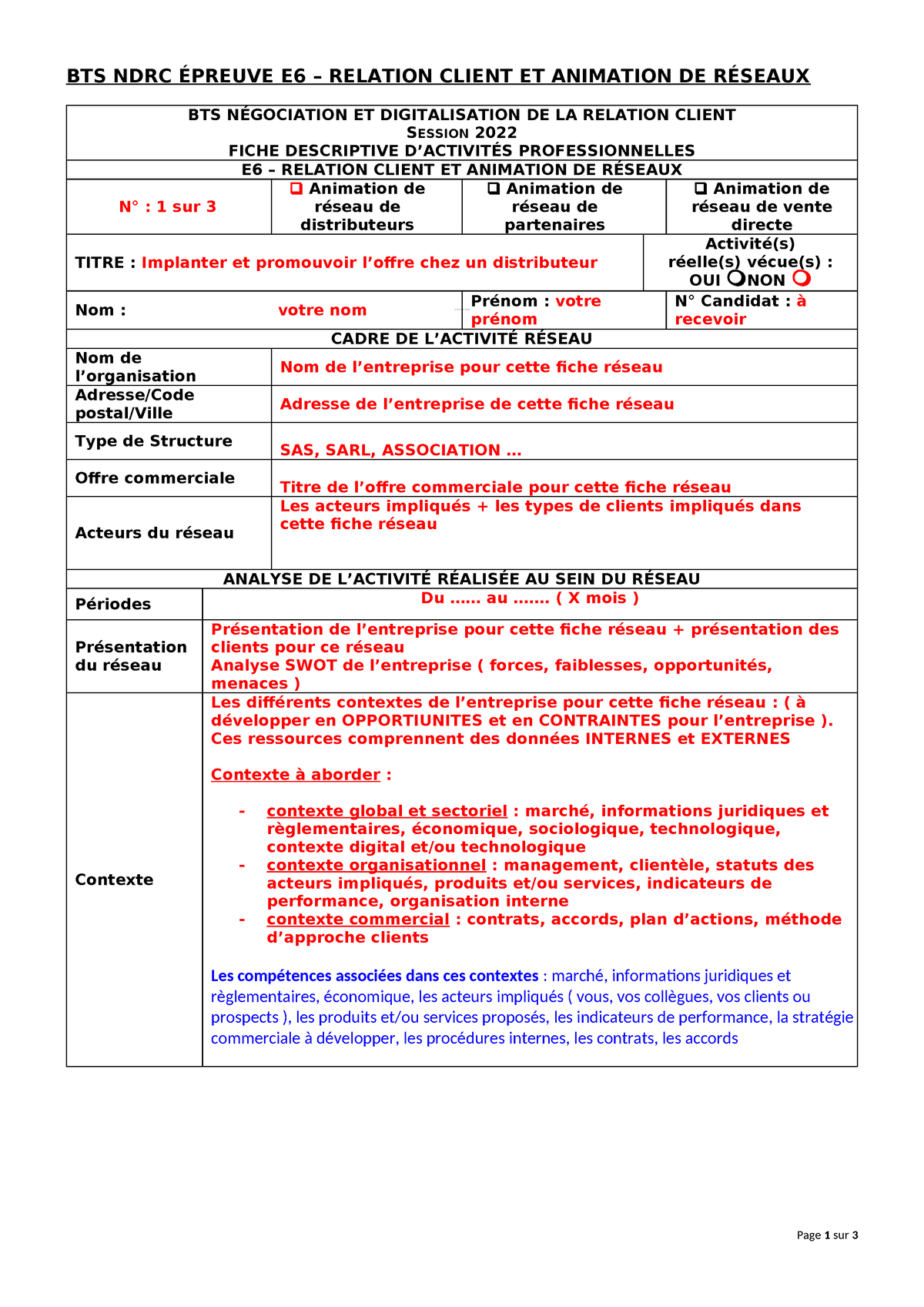 Fiches E Distributeur Remplie Document De Travail Bts Ndrc Preuve