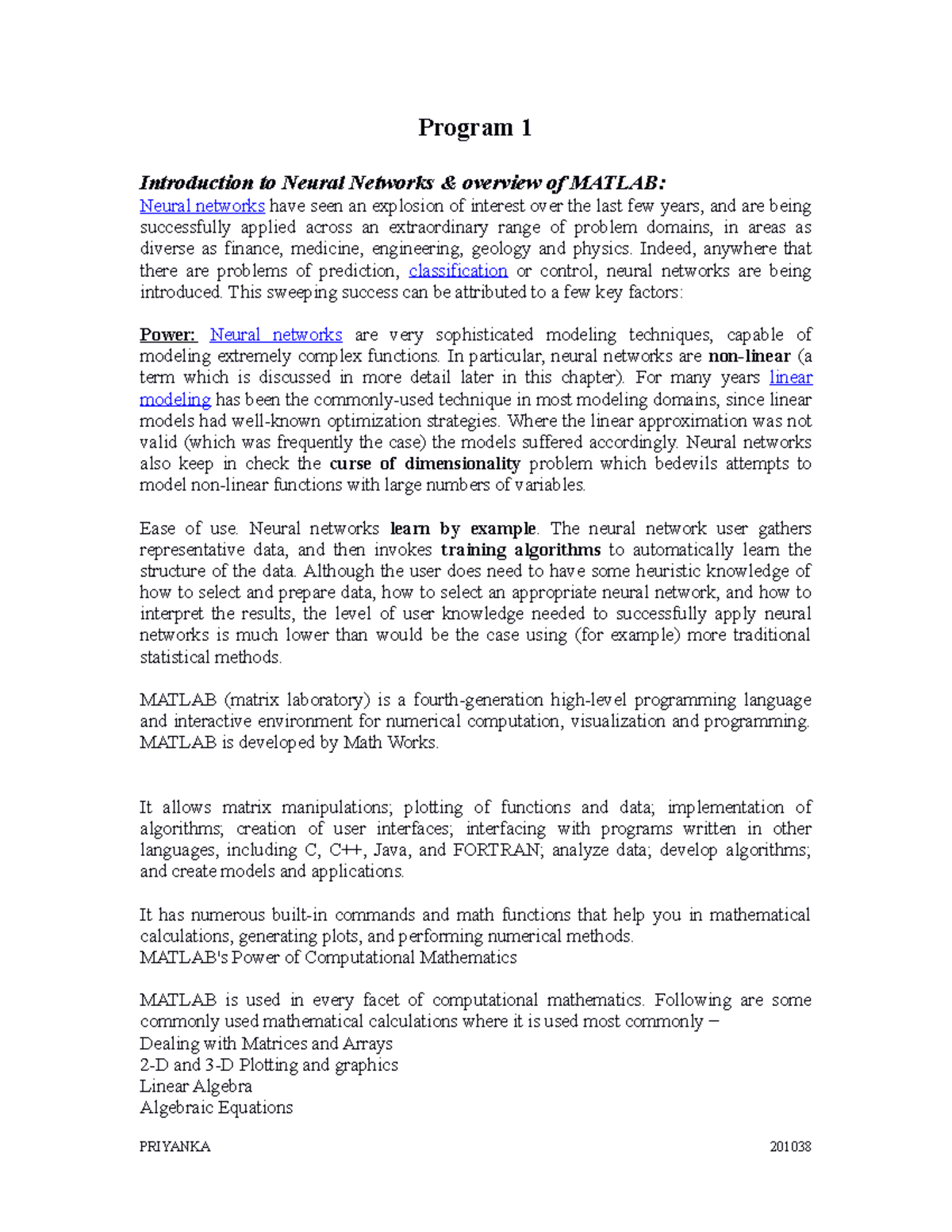 NNfile - Program 1 Introduction to Neural Networks & overview of MATLAB ...