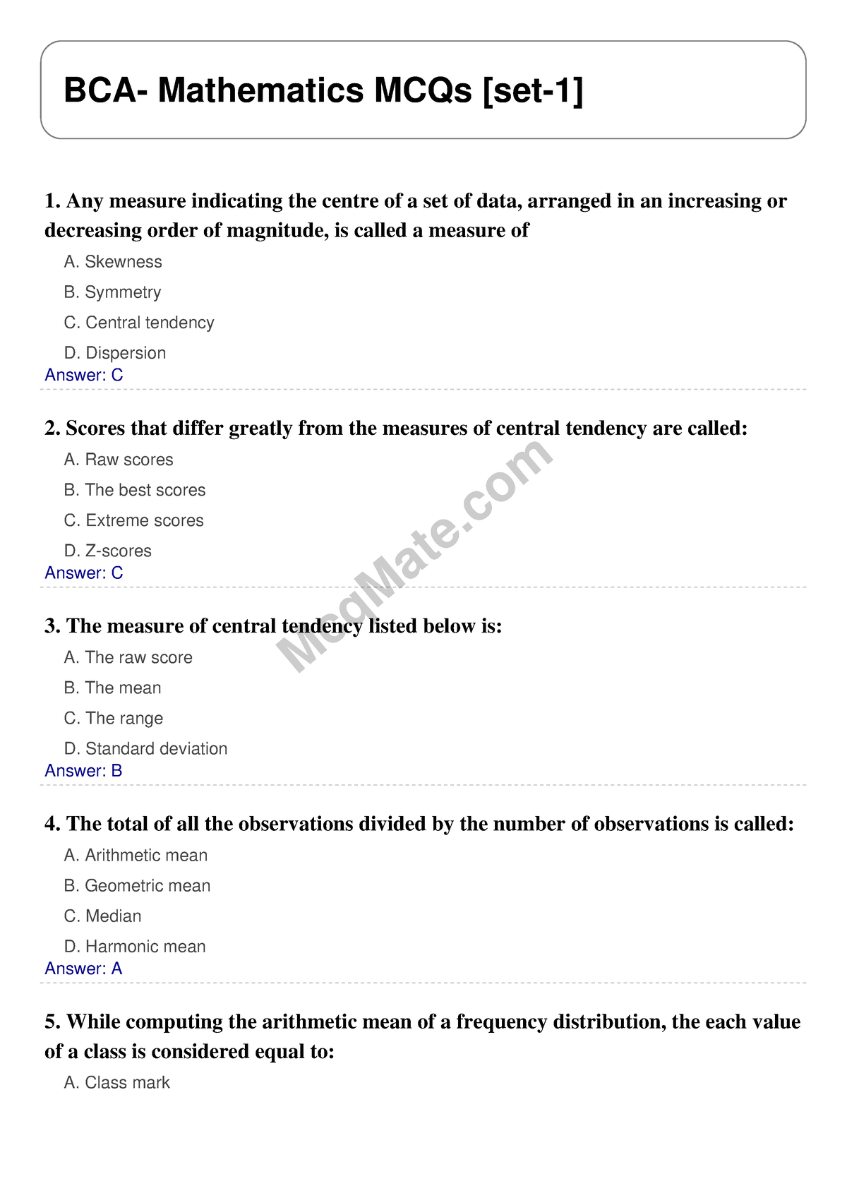 BCA- Mathematics Solved MCQs [set-1] Mcq Mate.com - McqMate BCA ...