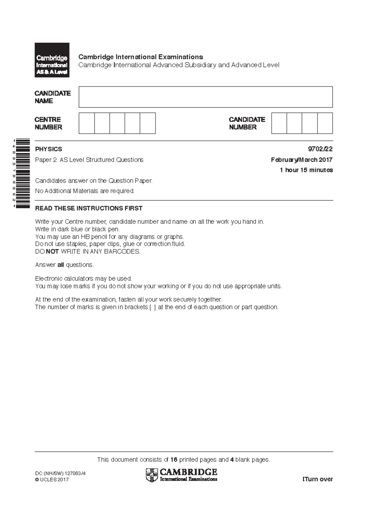 9702 M17 Qp 22 - Summary Physics - This Document Consists Of 16 Printed 